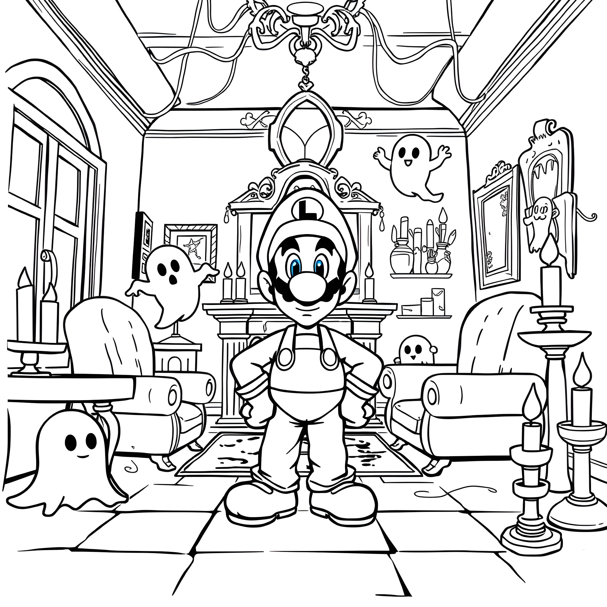 Ghost Mario exploring a haunted mansion Coloring Page (free black-and-white line drawing printable PDF for all, from beginners to advanced learners, including children, teens, adults, and seniors)