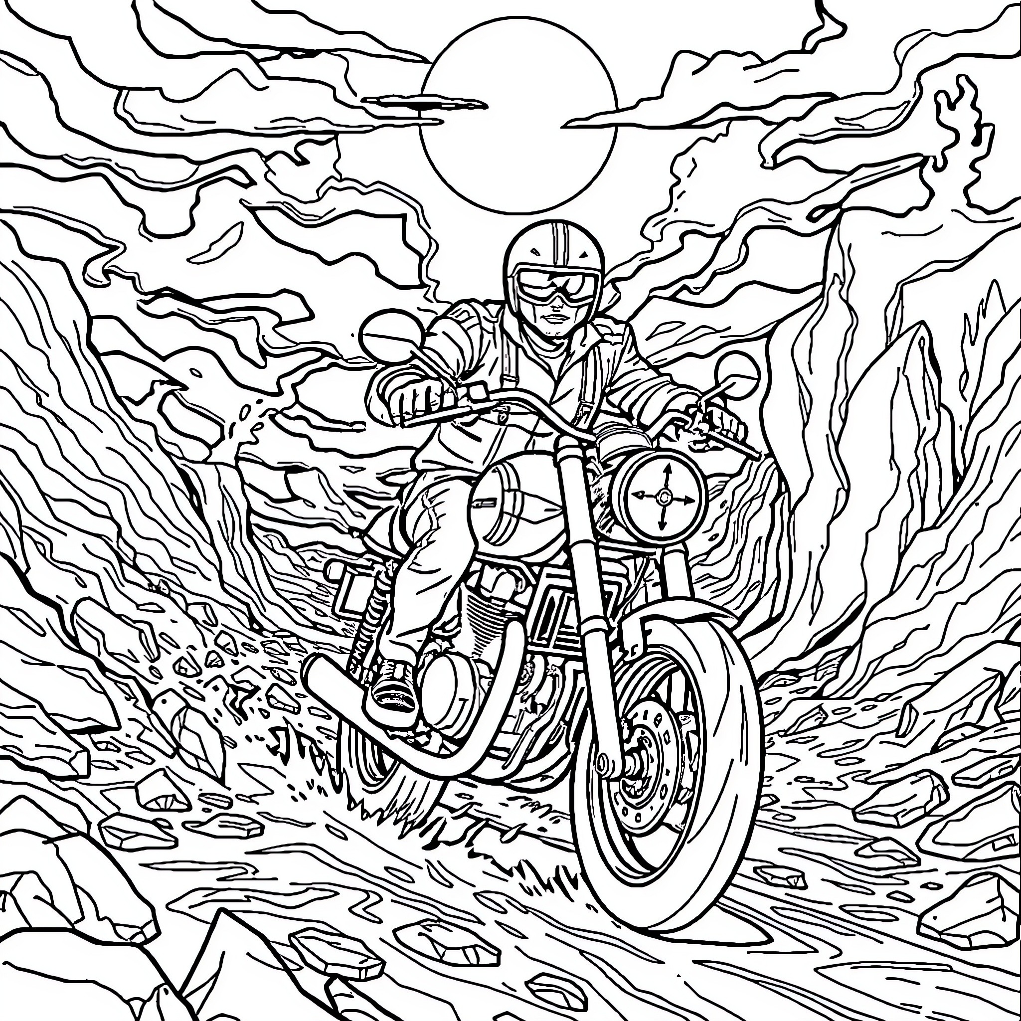 Motorcycle rider navigating through rugged terrain Coloring Page (free black-and-white line drawing printable PDF for all, from beginners to advanced learners, including children, teens, adults, and seniors)