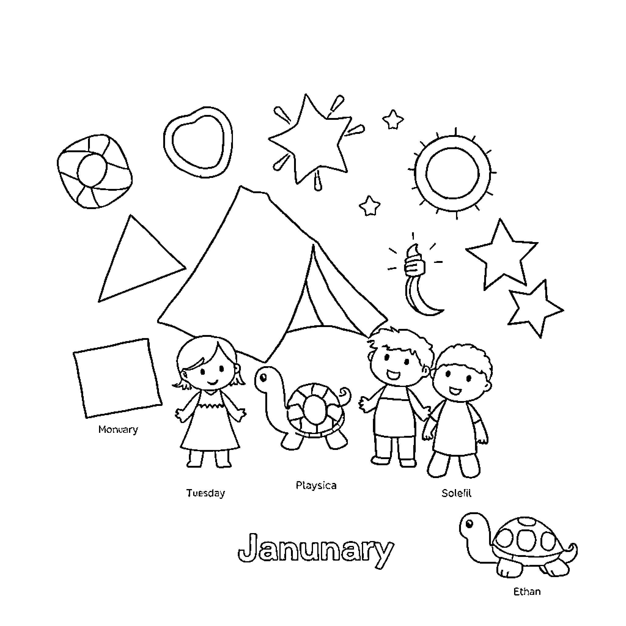 Shape Elements in Playful Illustration Coloring Page (free black-and-white line drawing printable PDF for all, from beginners to advanced learners, including children, teens, adults, and seniors)