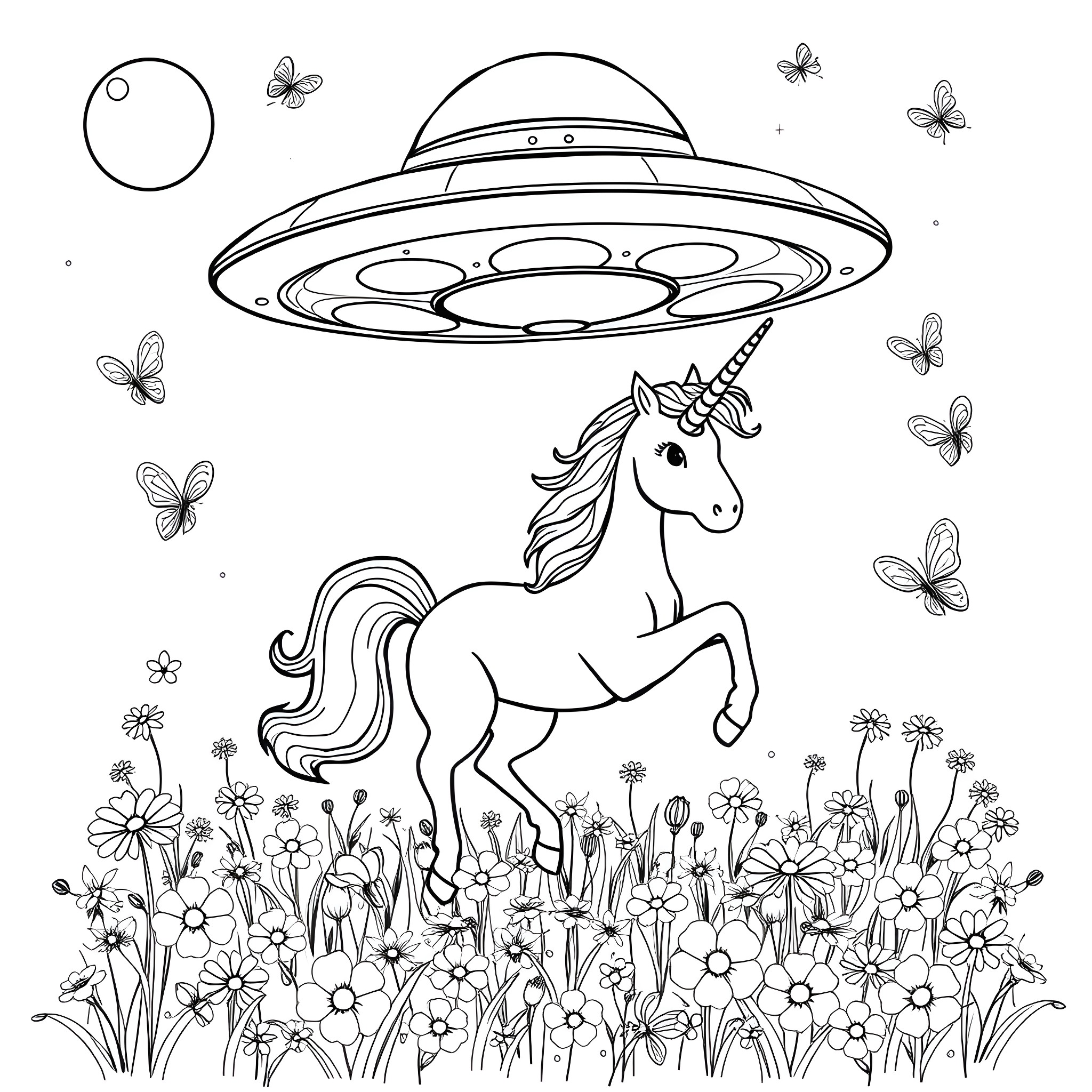 Unicorn encounters a mysterious UFO in a flower field Coloring Page (free black-and-white line drawing printable PDF for all, from beginners to advanced learners, including children, teens, adults, and seniors)