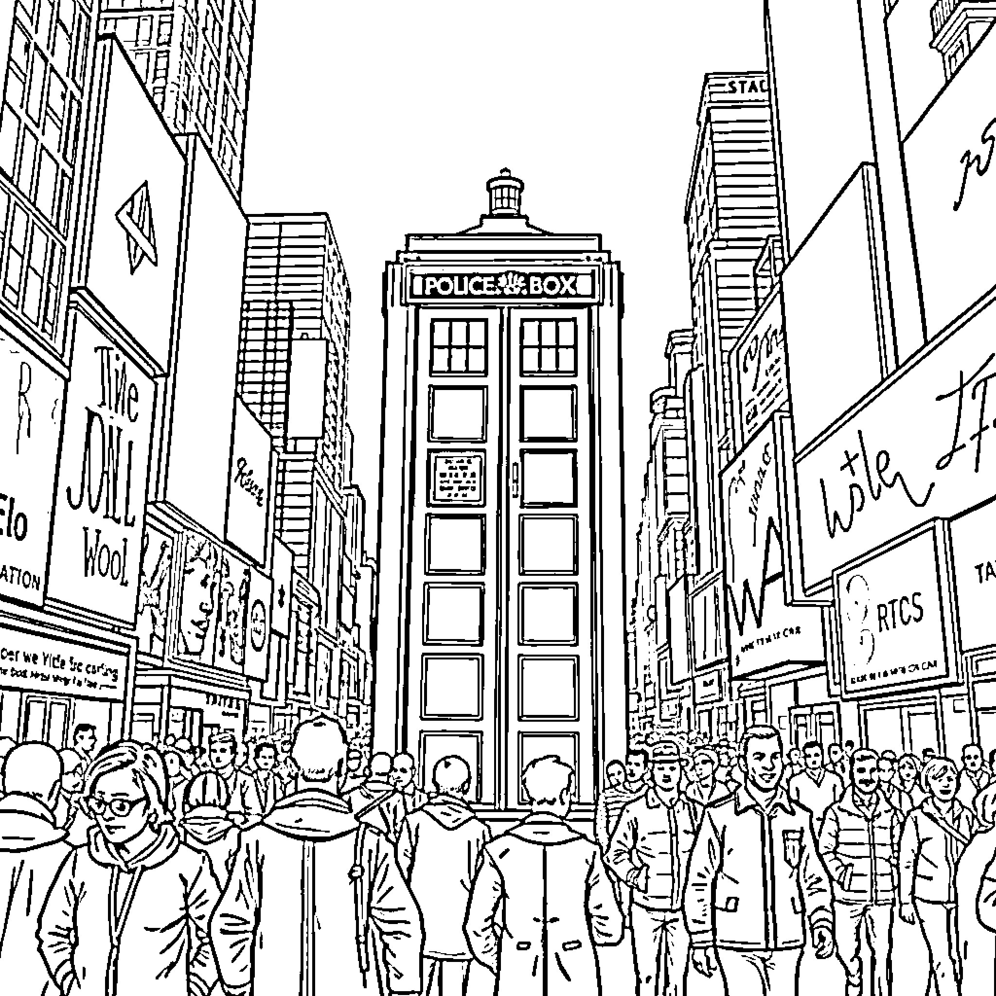 TARDIS in the bustling city streets Coloring Page (free black-and-white line drawing printable PDF for all, from beginners to advanced learners, including children, teens, adults, and seniors)