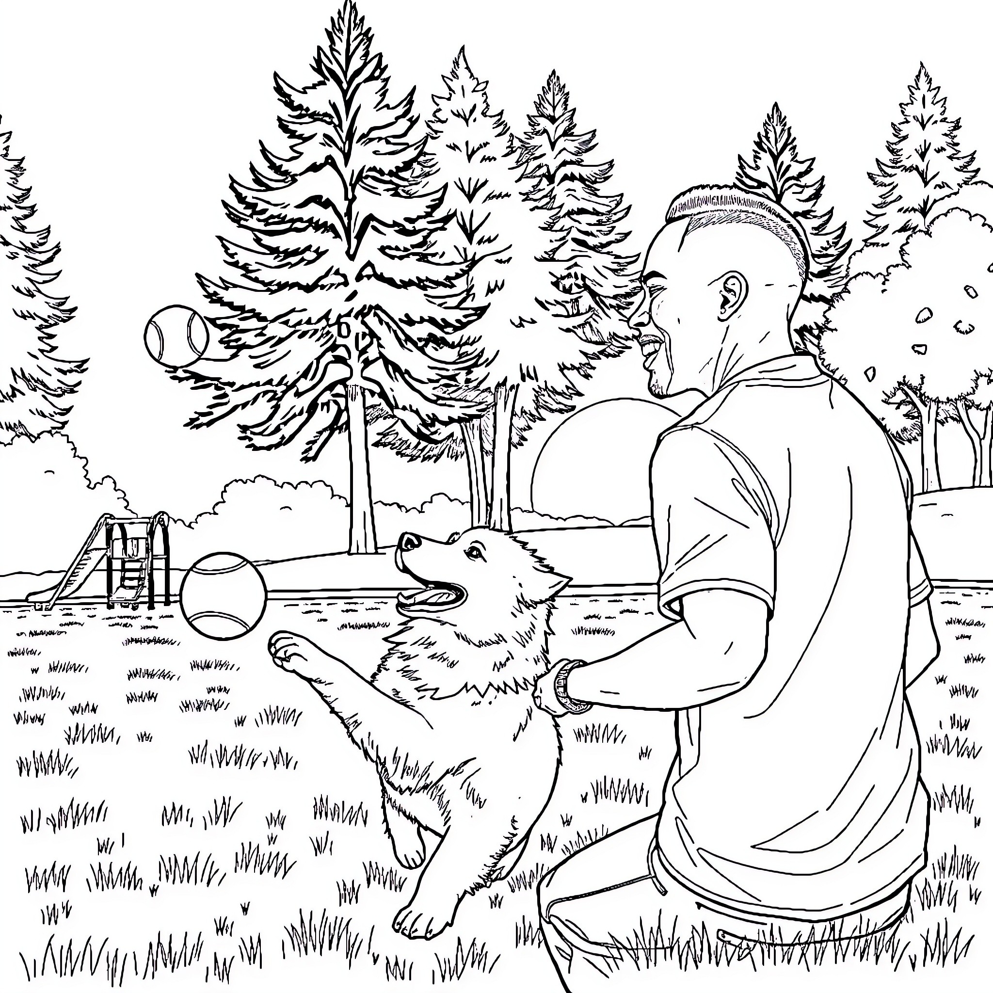 Man playing with dog in snowy park Coloring Page (free black-and-white line drawing printable PDF for all, from beginners to advanced learners, including children, teens, adults, and seniors)