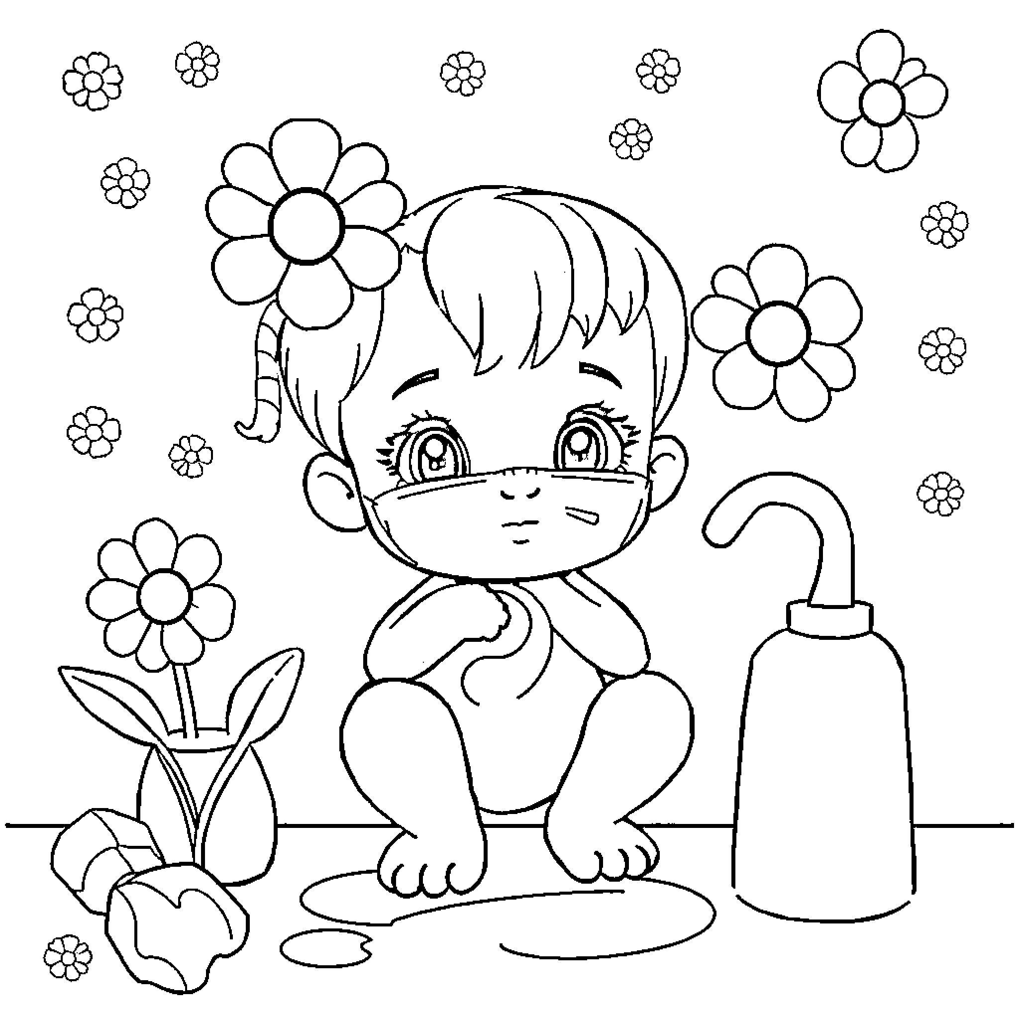 Hygiene Routine of a Cheerful Child Coloring Page (free black-and-white line drawing printable PDF for all, from beginners to advanced learners, including children, teens, adults, and seniors)