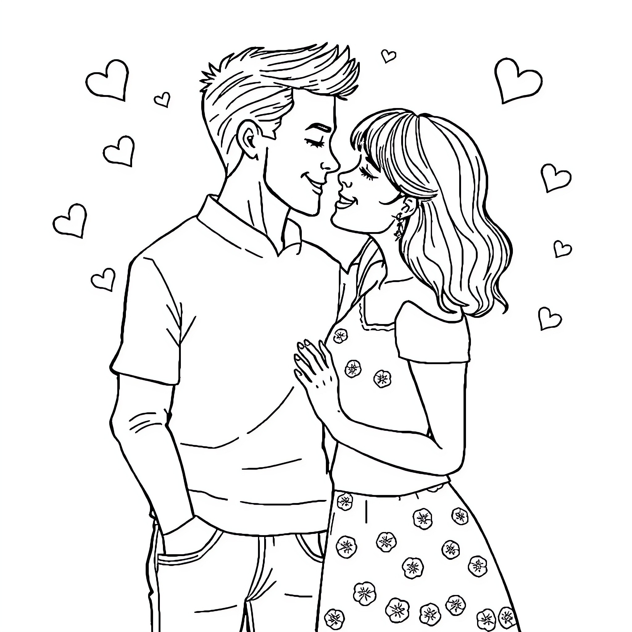 Couple embracing lovingly in casual outfits Coloring Page (free black-and-white line drawing printable PDF for all, from beginners to advanced learners, including children, teens, adults, and seniors)