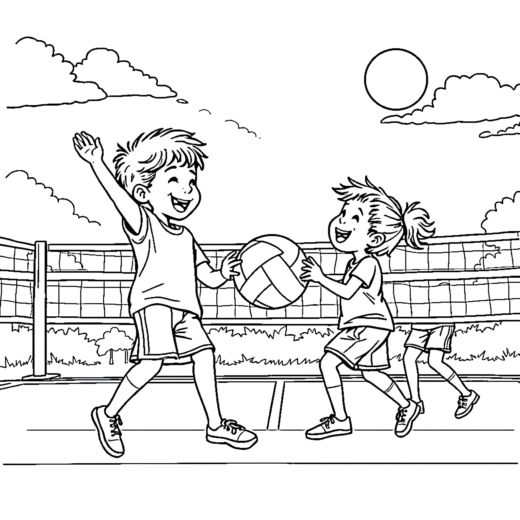 Kids playing joyfully on the volleyball court Coloring Page (free black-and-white line drawing printable PDF for all, from beginners to advanced learners, including children, teens, adults, and seniors)