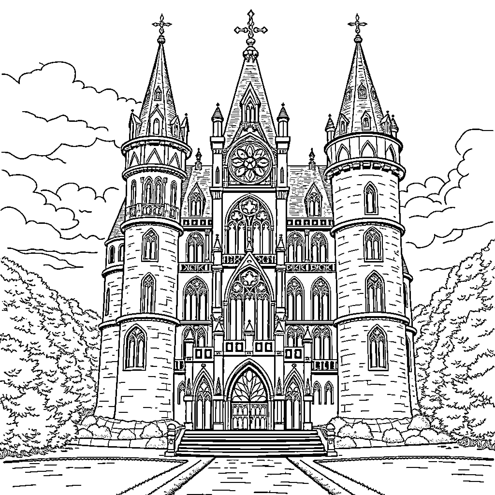 Princess Castle with Ornate Architecture and Towers Coloring Page (free black-and-white line drawing printable PDF for all, from beginners to advanced learners, including children, teens, adults, and seniors)