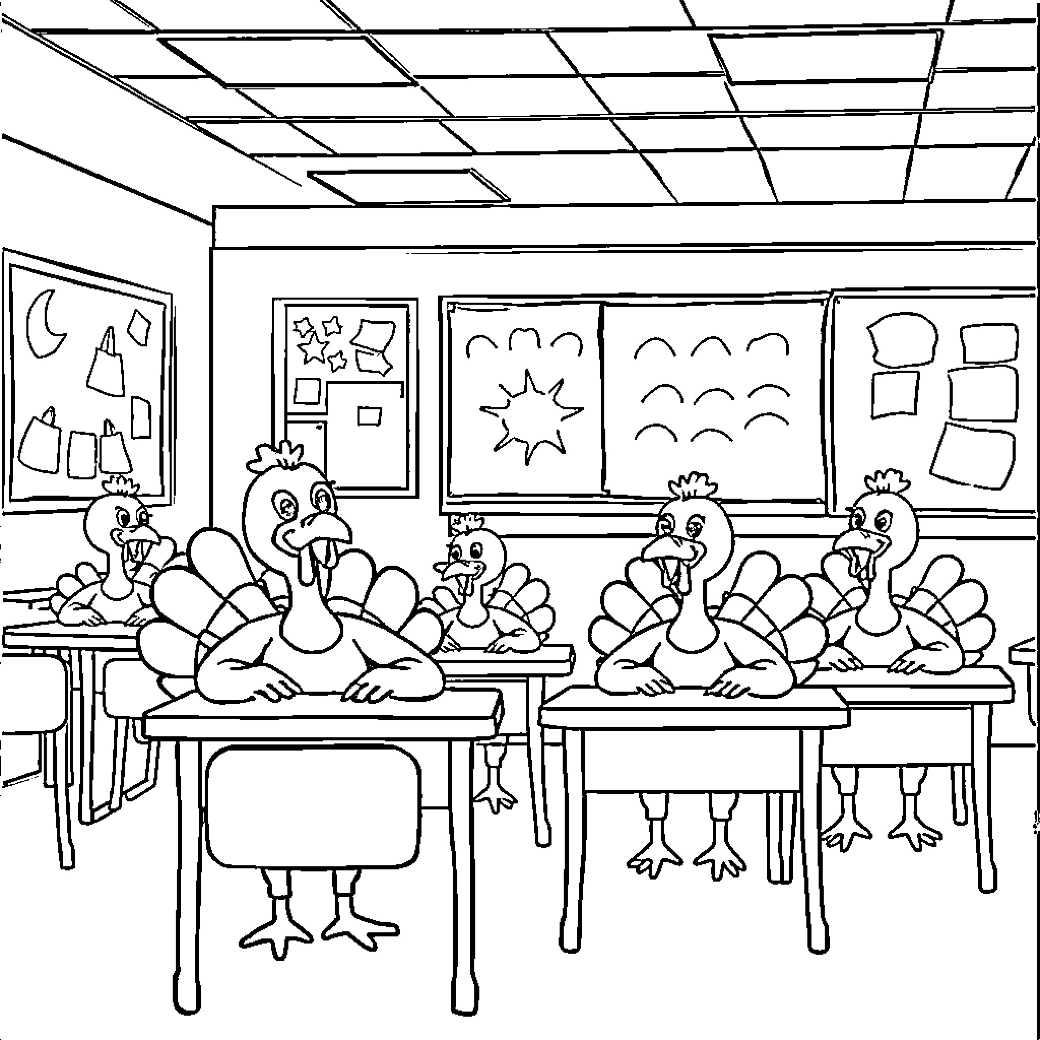 Turkey-themed classroom with students and decorations Coloring Page (free black-and-white line drawing printable PDF for all, from beginners to advanced learners, including children, teens, adults, and seniors)