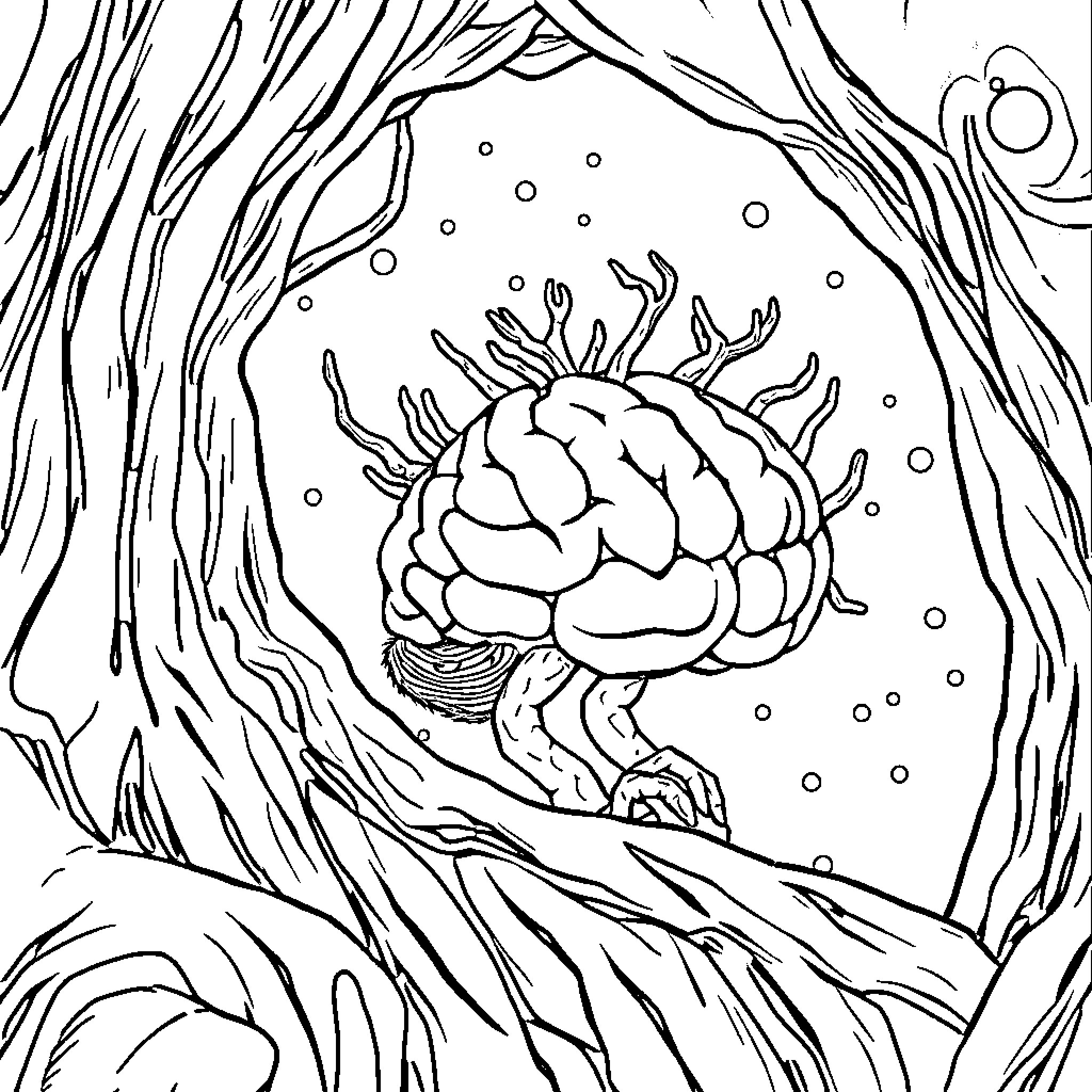Brainrot - Surreal cerebral landscape with disembodied brain Coloring Page (free black-and-white line drawing printable PDF for all, from beginners to advanced learners, including children, teens, adults, and seniors)