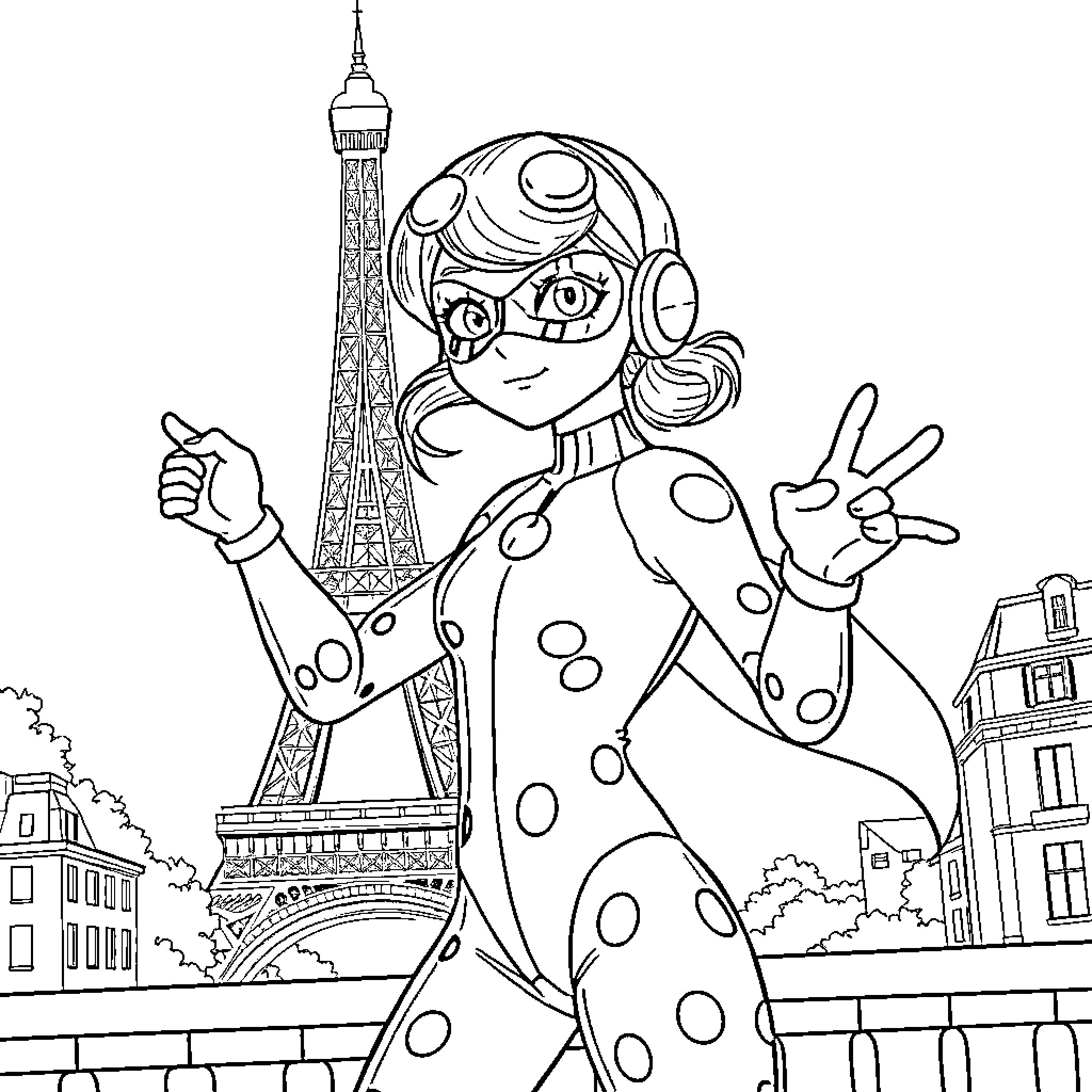 Miraculous Ladybug poses triumphantly in Paris Coloring Page (free black-and-white line drawing printable PDF for all, from beginners to advanced learners, including children, teens, adults, and seniors)