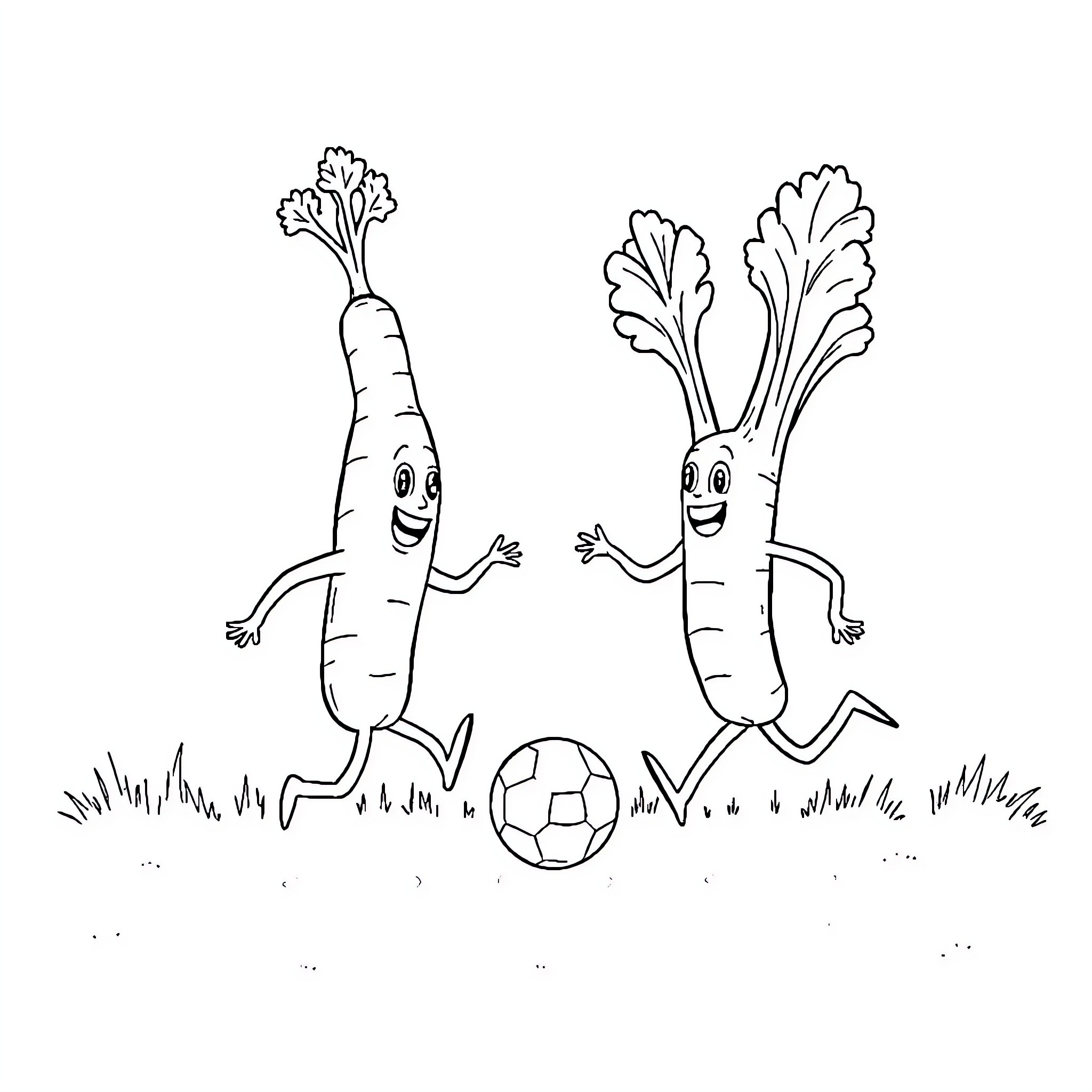 Carrot friends playing soccer on the field Coloring Page (free black-and-white line drawing printable PDF for all, from beginners to advanced learners, including children, teens, adults, and seniors)