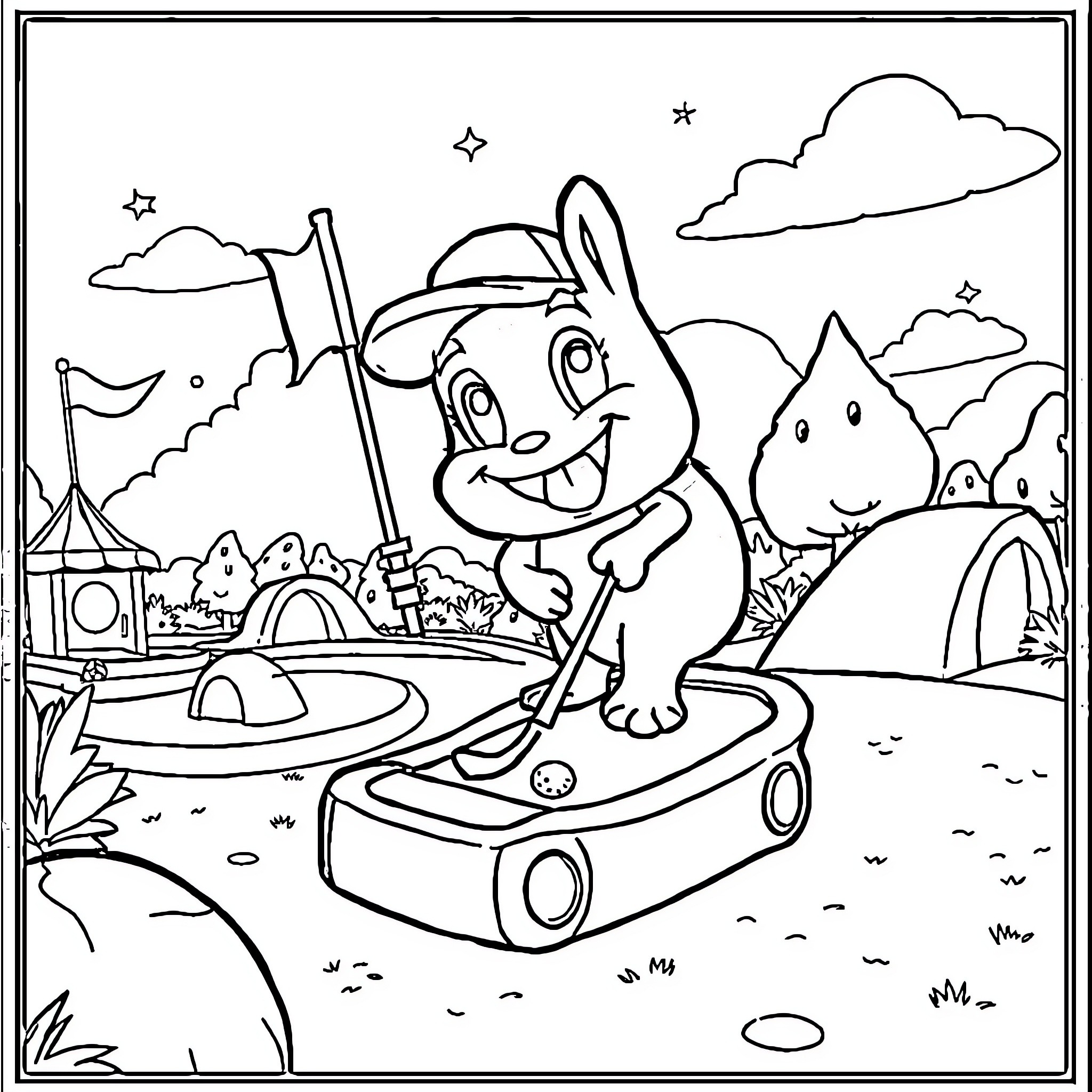 Bluey's Joyful Adventure in the Colorful Landscape Coloring Page (free black-and-white line drawing printable PDF for all, from beginners to advanced learners, including children, teens, adults, and seniors)