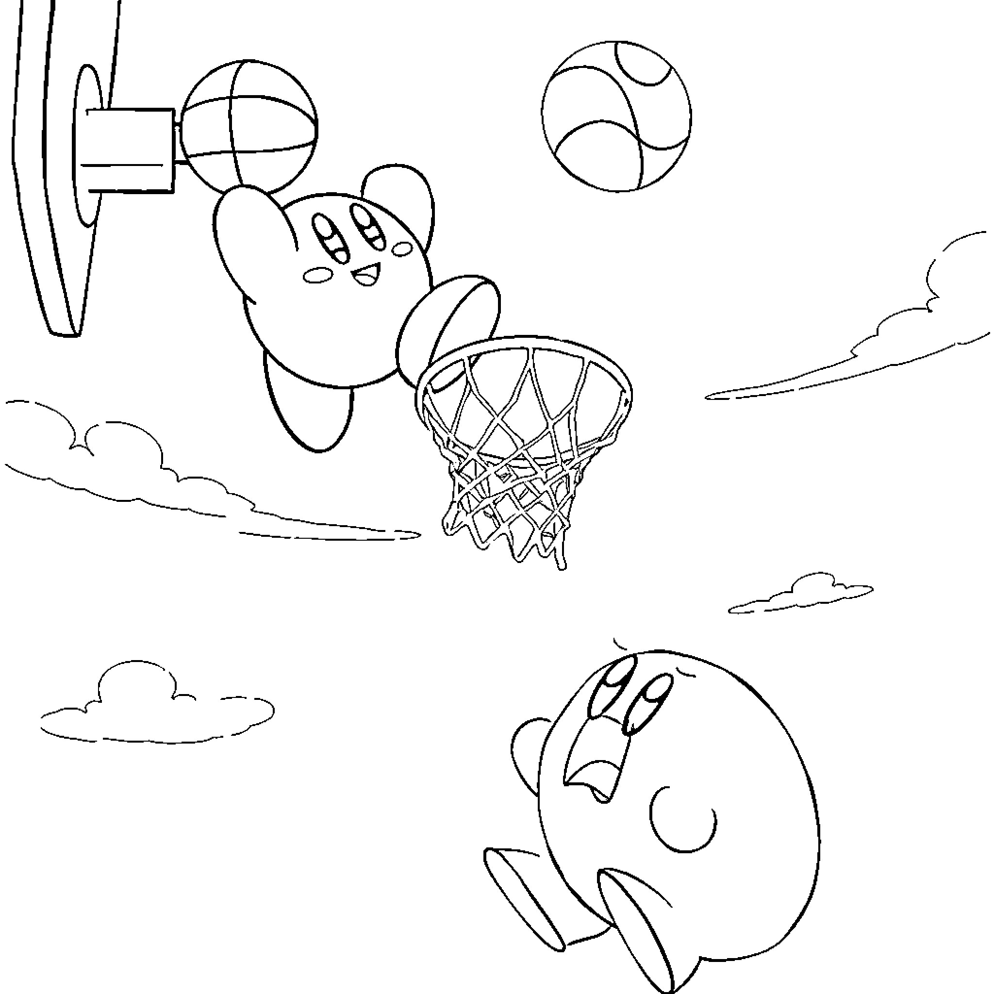 Kirby playing basketball in the clouds Coloring Page (free black-and-white line drawing printable PDF for all, from beginners to advanced learners, including children, teens, adults, and seniors)