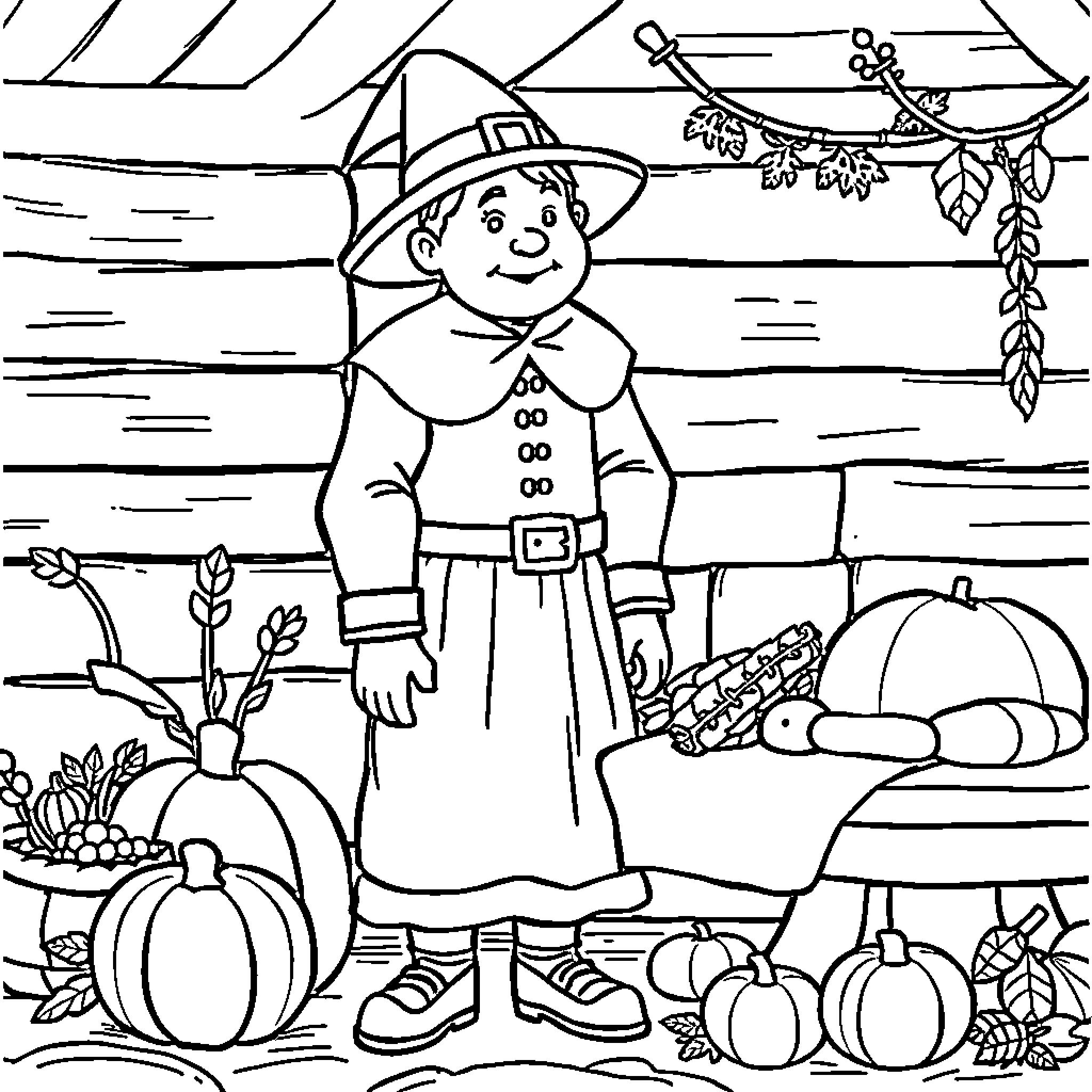 Pilgrim in Autumn Harvest Scene Coloring Page (free black-and-white line drawing printable PDF for all, from beginners to advanced learners, including children, teens, adults, and seniors)