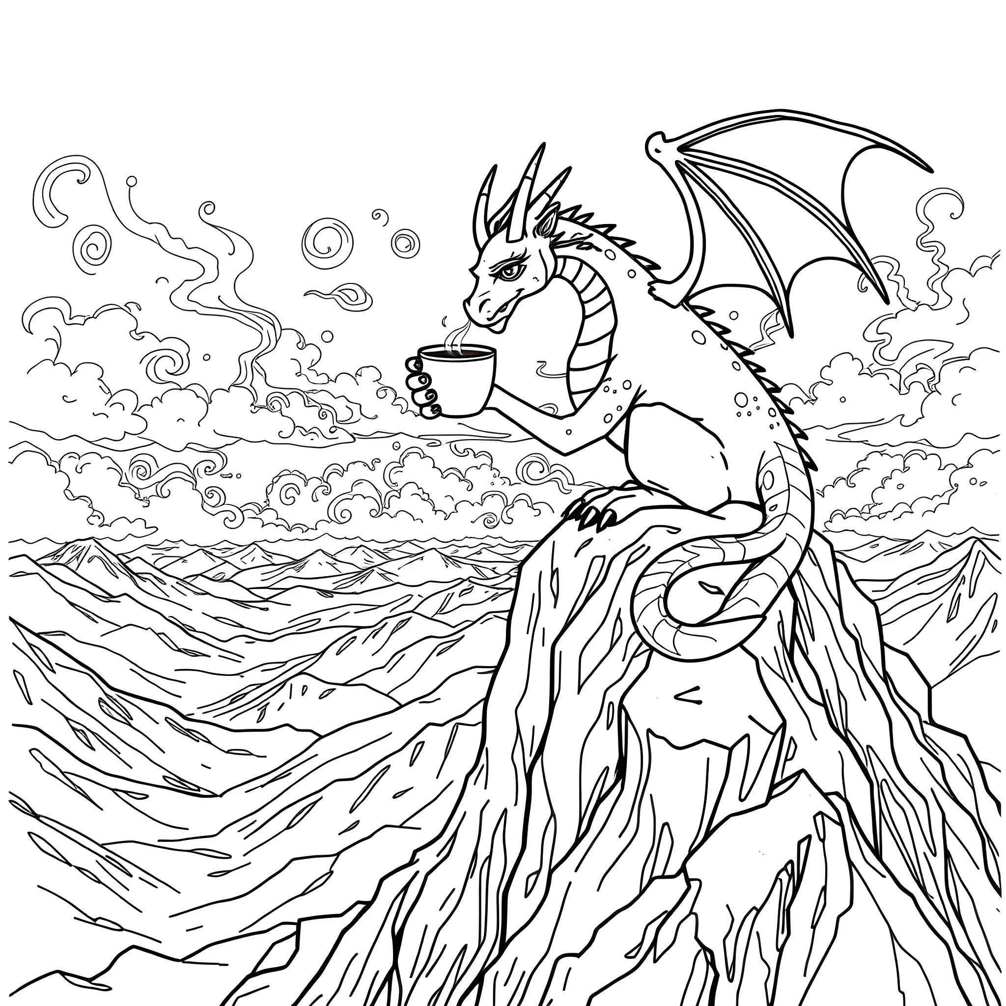 Dragon sipping coffee on a rocky mountain peak Coloring Page (free black-and-white line drawing printable PDF for all, from beginners to advanced learners, including children, teens, adults, and seniors)