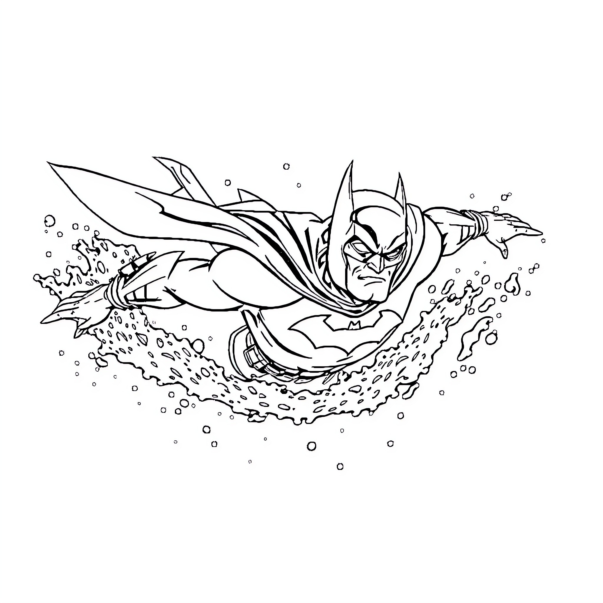 Batman soaring through the air with determination Coloring Page (free black-and-white line drawing printable PDF for all, from beginners to advanced learners, including children, teens, adults, and seniors)