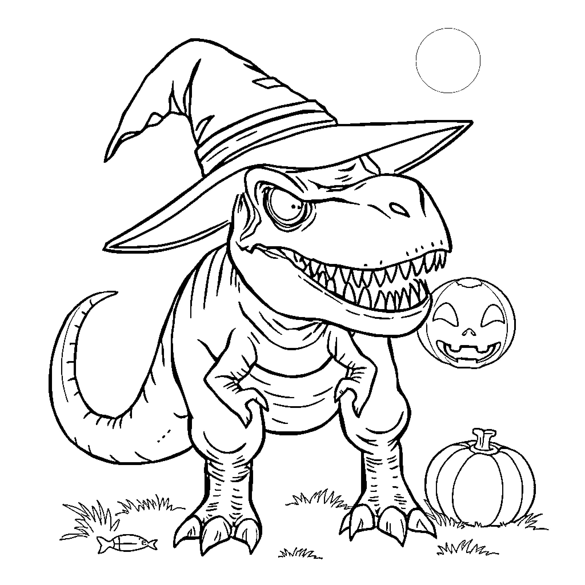Dinosaur in Halloween witch costume with pumpkin Coloring Page (free black-and-white line drawing printable PDF for all, from beginners to advanced learners, including children, teens, adults, and seniors)