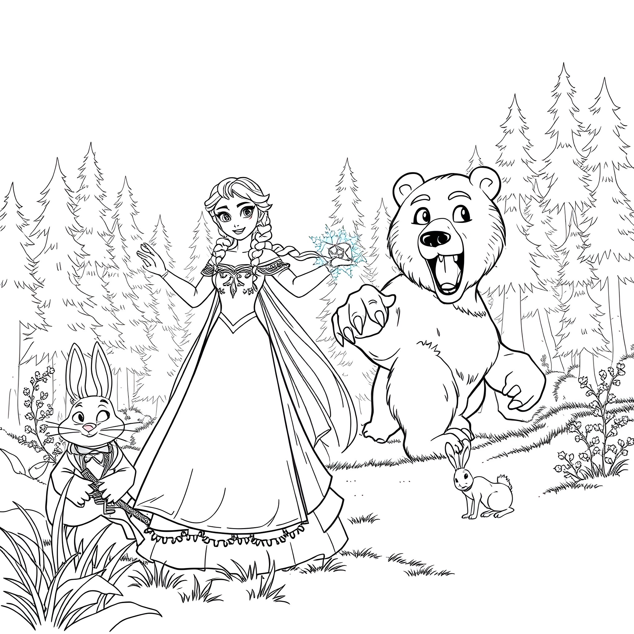 Elsa's Enchanted Forest Adventure Coloring Page (free black-and-white line drawing printable PDF for all, from beginners to advanced learners, including children, teens, adults, and seniors)