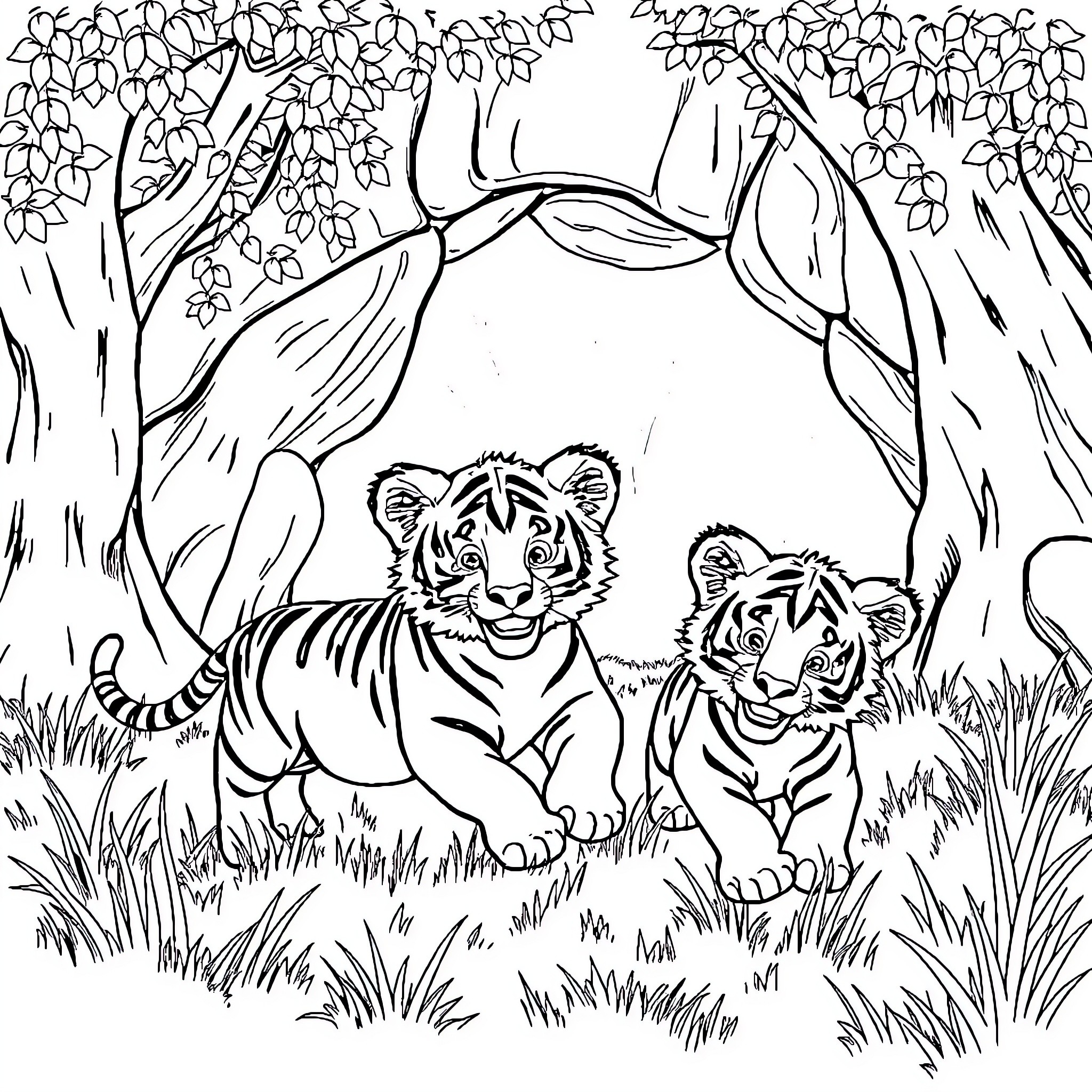 Tiger cubs playing in the forest Coloring Page (free black-and-white line drawing printable PDF for all, from beginners to advanced learners, including children, teens, adults, and seniors)