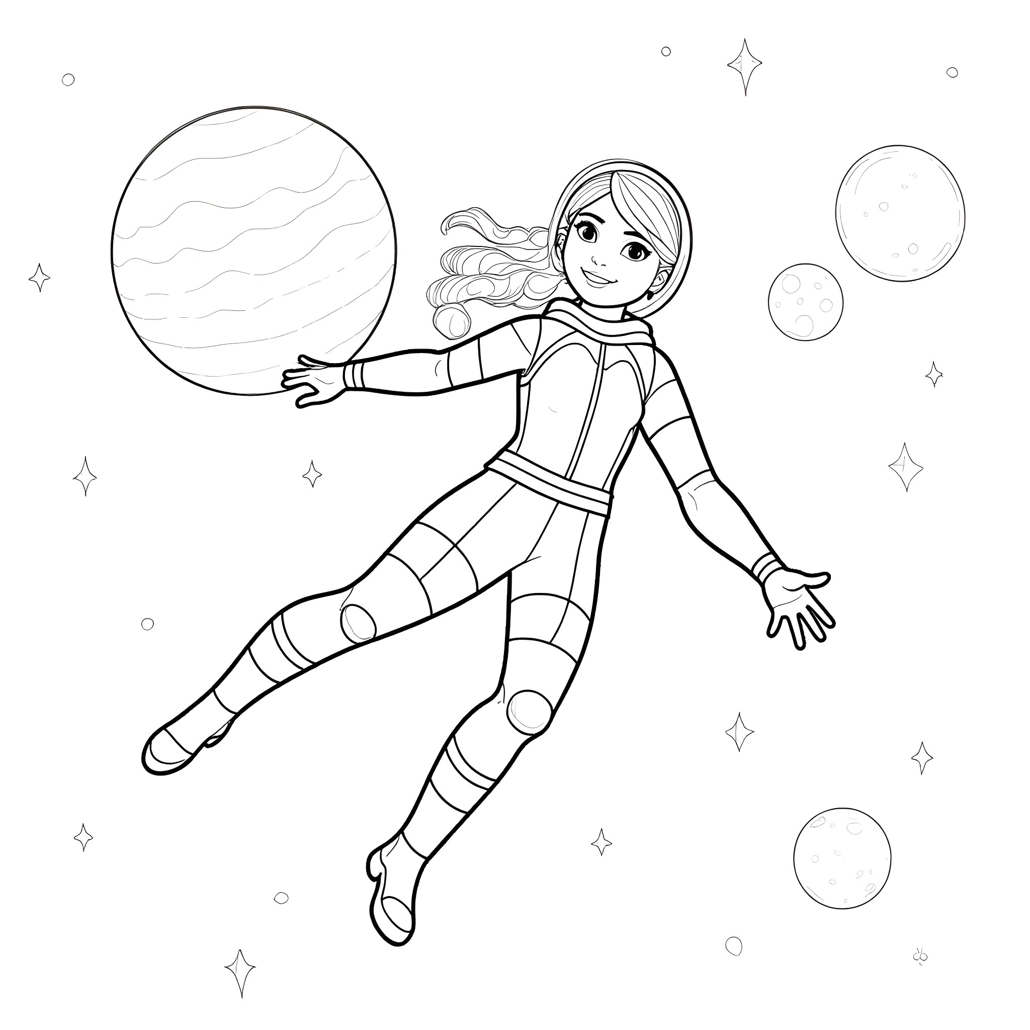 Elsa floating in space with cosmic background Coloring Page (free black-and-white line drawing printable PDF for all, from beginners to advanced learners, including children, teens, adults, and seniors)