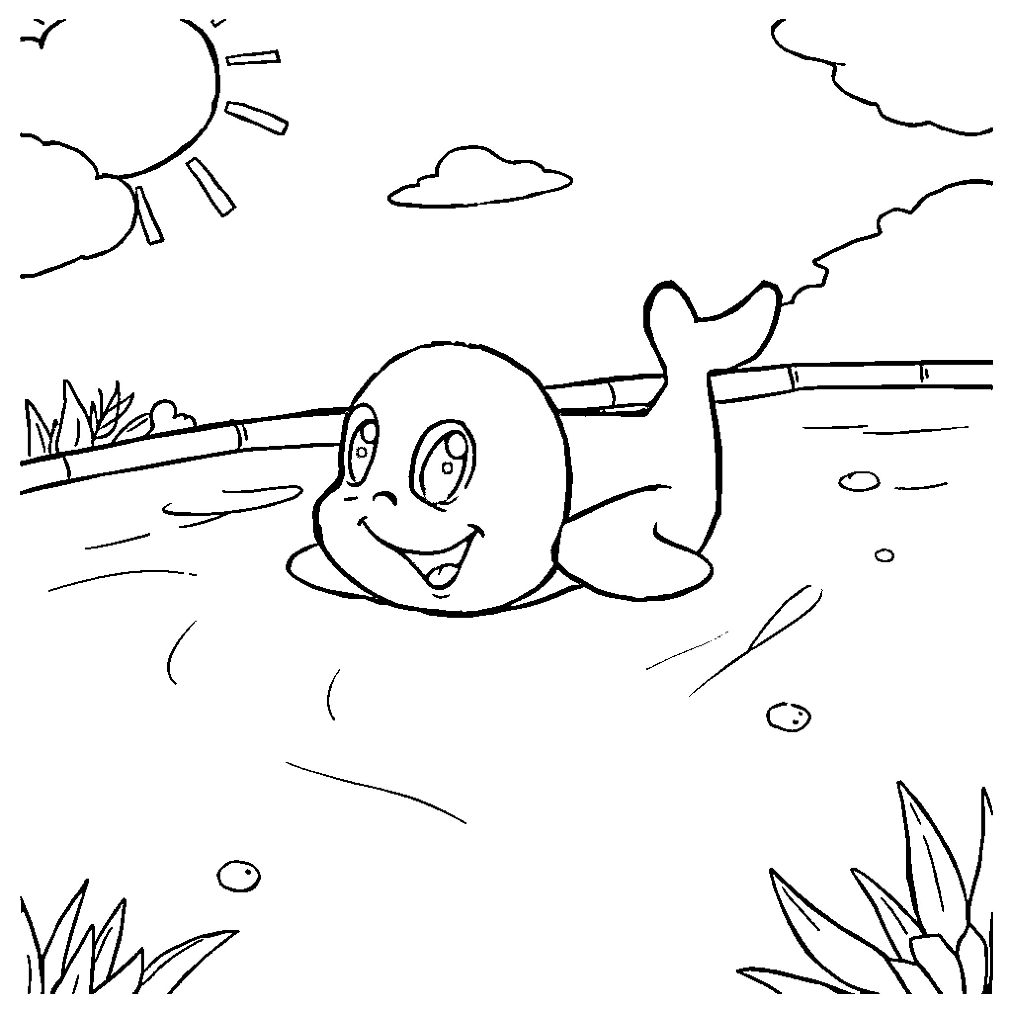 Bluey enjoying a sunny day by the lake Coloring Page (free black-and-white line drawing printable PDF for all, from beginners to advanced learners, including children, teens, adults, and seniors)