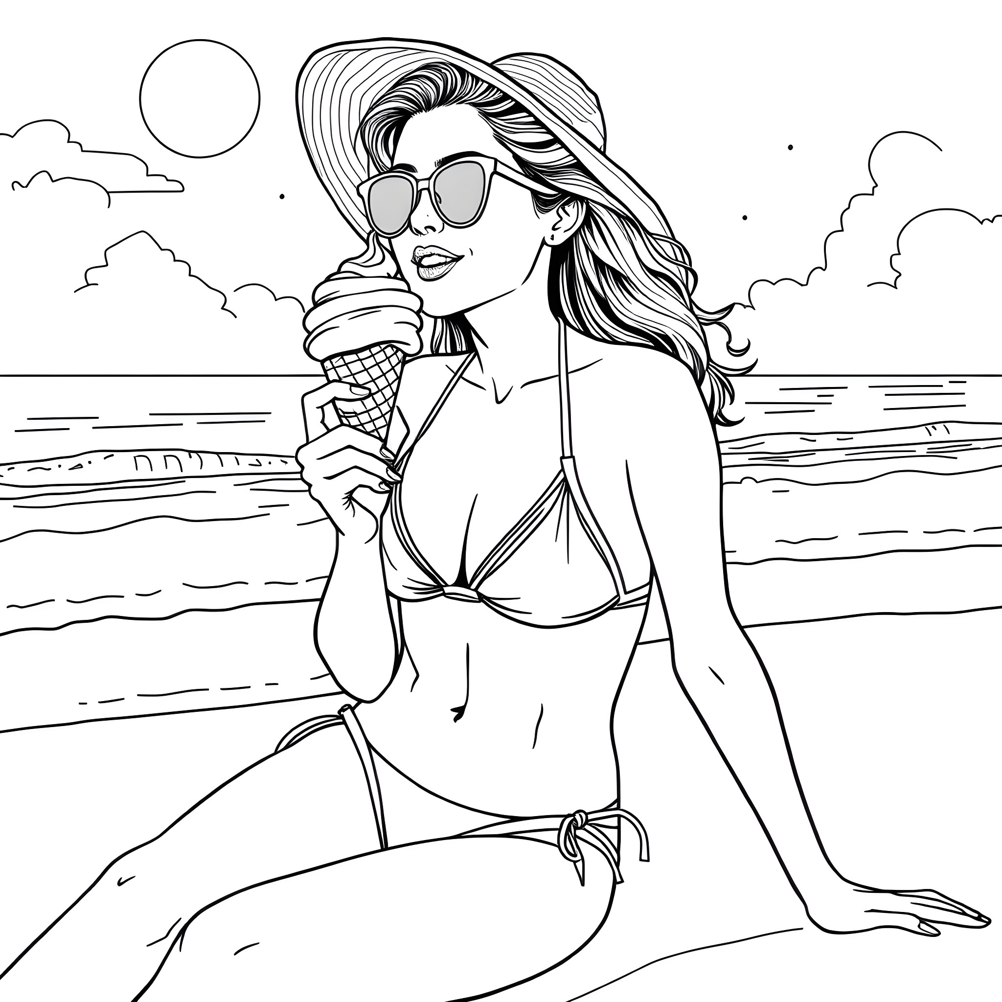 Ana de Armas enjoying an ice cream on the beach Coloring Page (free black-and-white line drawing printable PDF for all, from beginners to advanced learners, including children, teens, adults, and seniors)