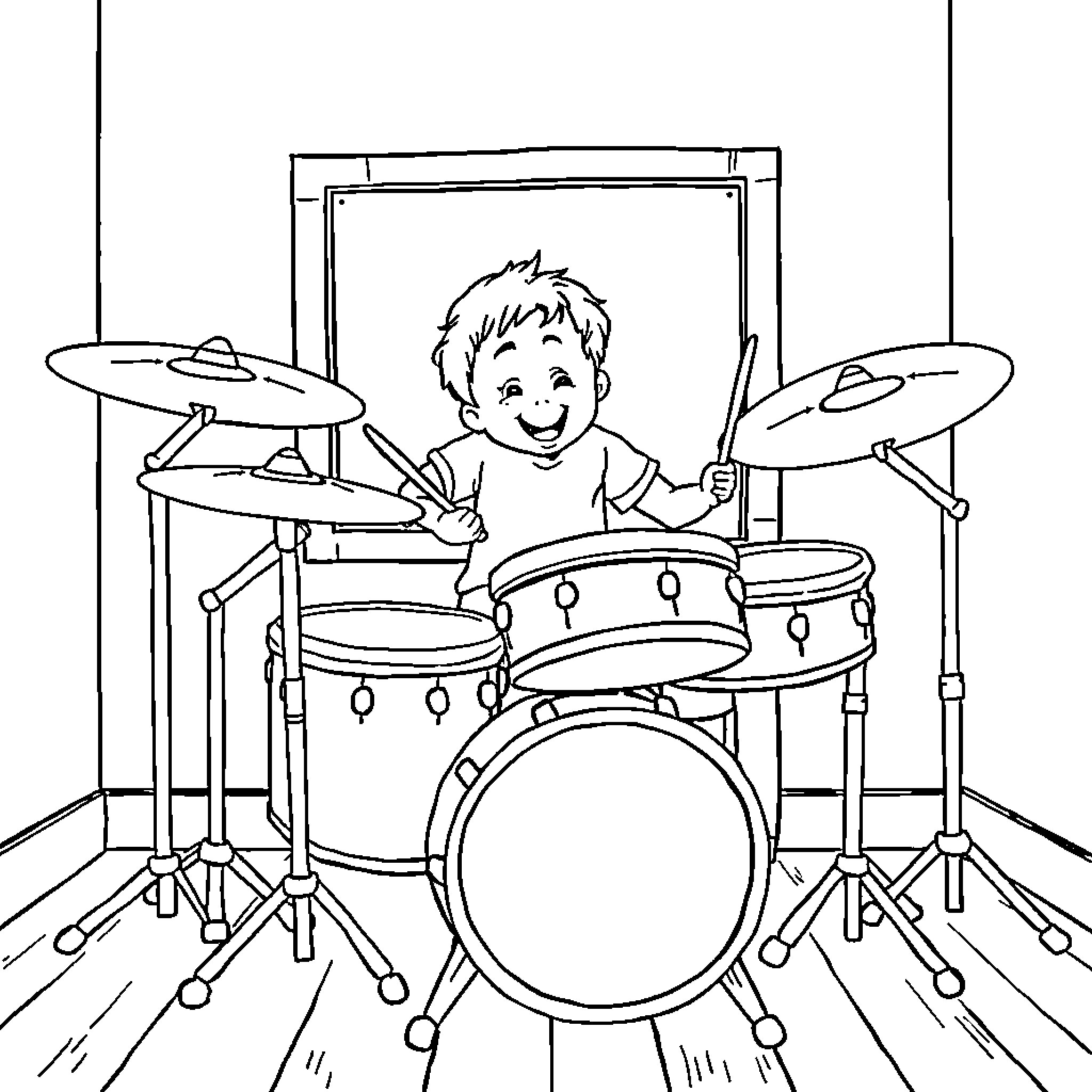 Boy happily playing drums on stage Coloring Page (free black-and-white line drawing printable PDF for all, from beginners to advanced learners, including children, teens, adults, and seniors)