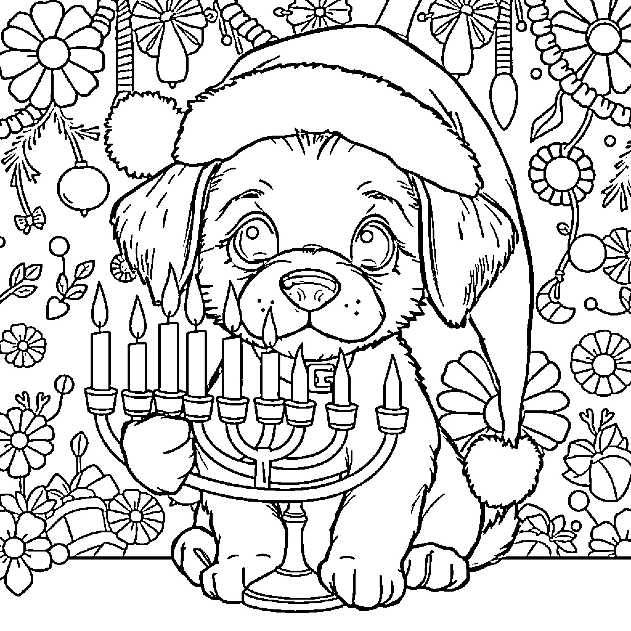 Puppy Celebrating Hanukkah with Festive Flowers Coloring Page (free black-and-white line drawing printable PDF for all, from beginners to advanced learners, including children, teens, adults, and seniors)