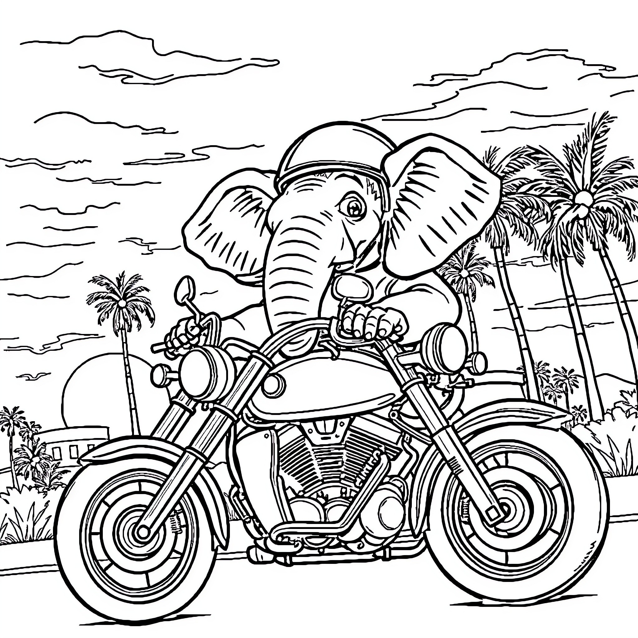 Elephant riding a motorcycle in a tropical paradise Coloring Page (free black-and-white line drawing printable PDF for all, from beginners to advanced learners, including children, teens, adults, and seniors)