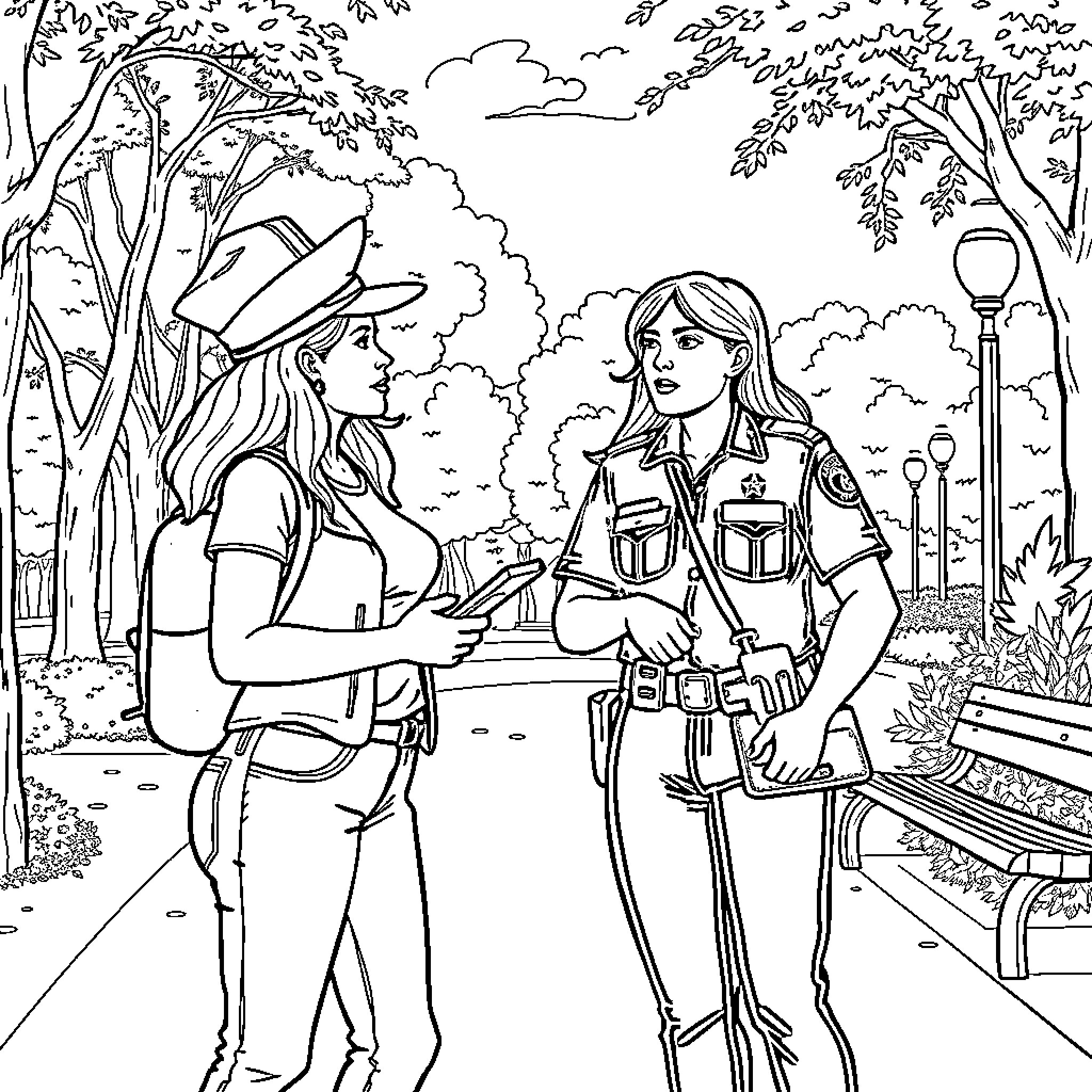 Police Officers Conversing in Outdoor Park Setting Coloring Page (free black-and-white line drawing printable PDF for all, from beginners to advanced learners, including children, teens, adults, and seniors)