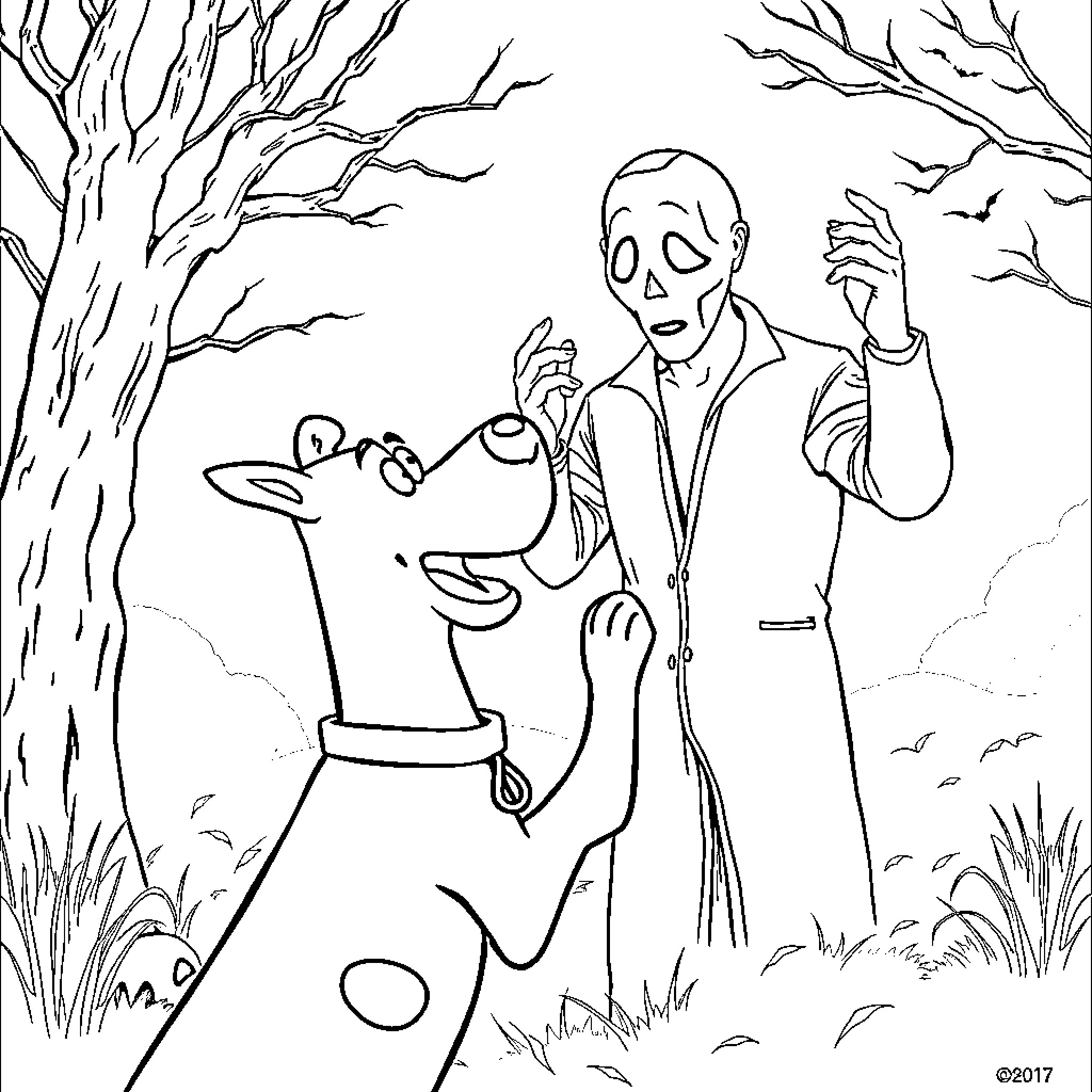 Scooby Doo chases a man through a spooky forest Coloring Page (free black-and-white line drawing printable PDF for all, from beginners to advanced learners, including children, teens, adults, and seniors)