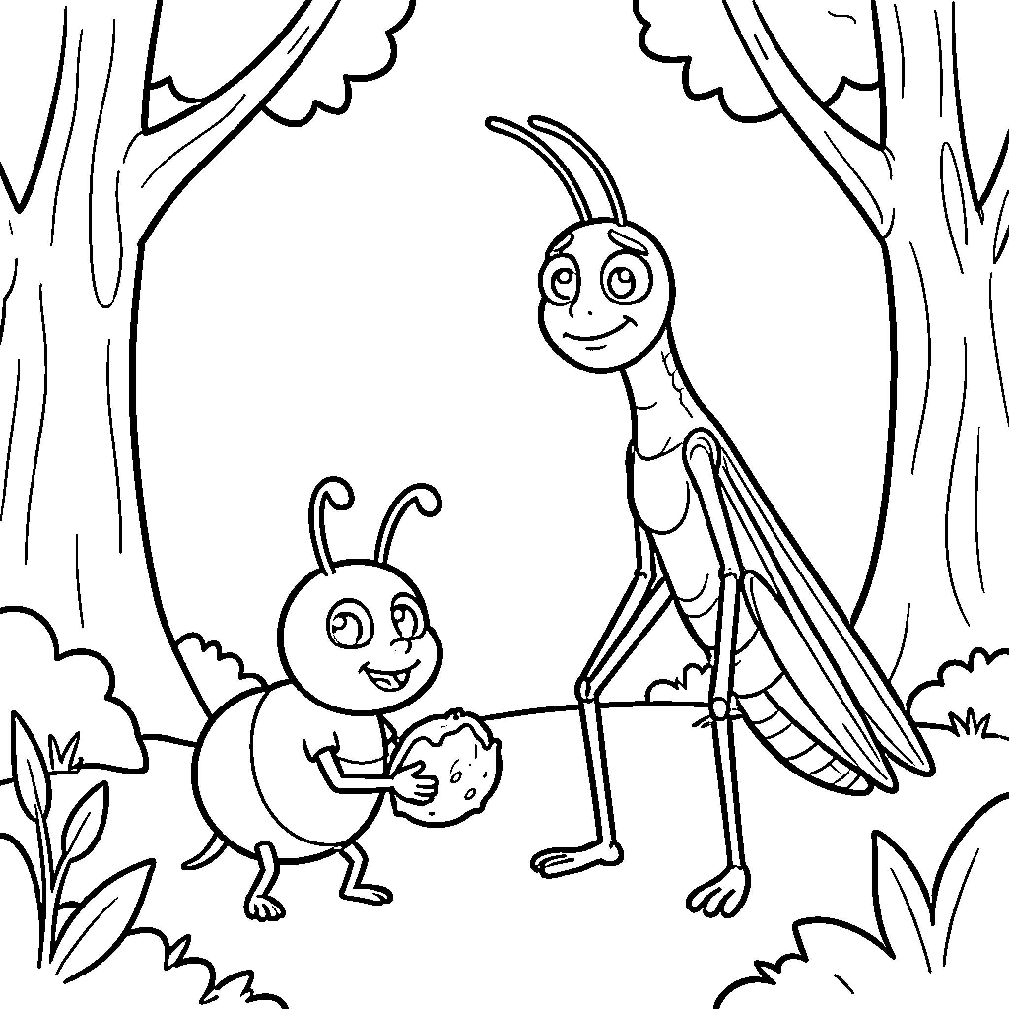 Ant Friends Exploring the Forest Coloring Page (free black-and-white line drawing printable PDF for all, from beginners to advanced learners, including children, teens, adults, and seniors)