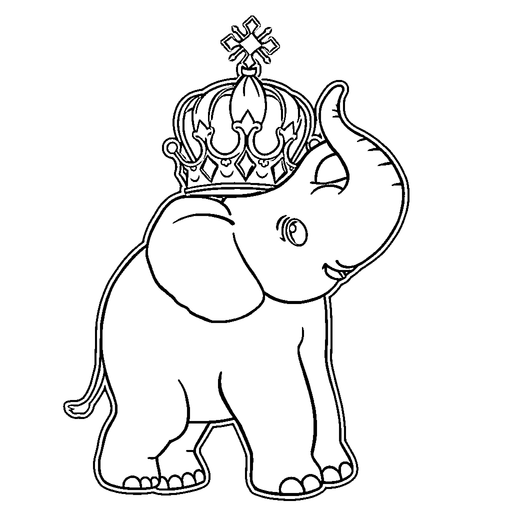 Elephant wearing a crown Coloring Page (free black-and-white line drawing printable PDF for all, from beginners to advanced learners, including children, teens, adults, and seniors)