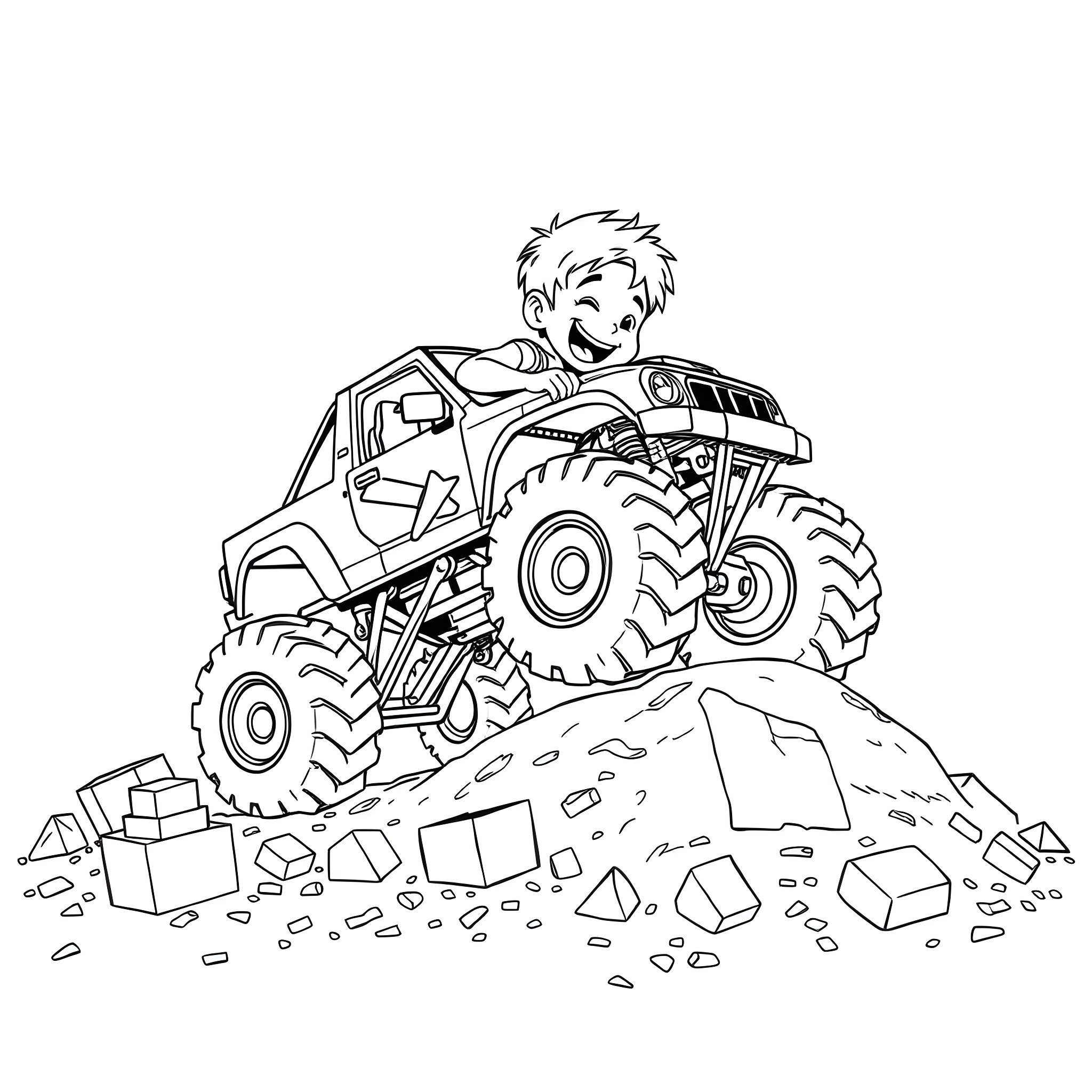 Kid driving a big monster truck on rough terrain Coloring Page (free black-and-white line drawing printable PDF for all, from beginners to advanced learners, including children, teens, adults, and seniors)