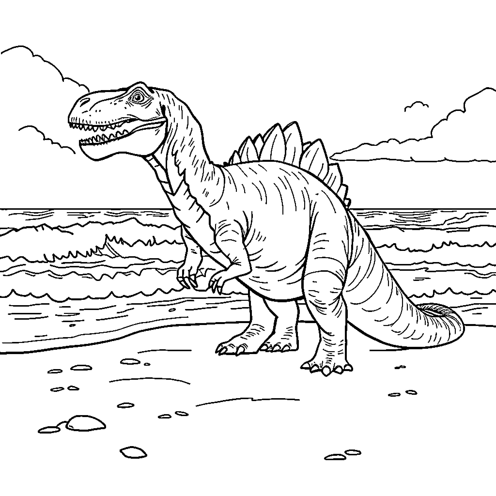 Dinosaur roaming on the beach Coloring Page (free black-and-white line drawing printable PDF for all, from beginners to advanced learners, including children, teens, adults, and seniors)