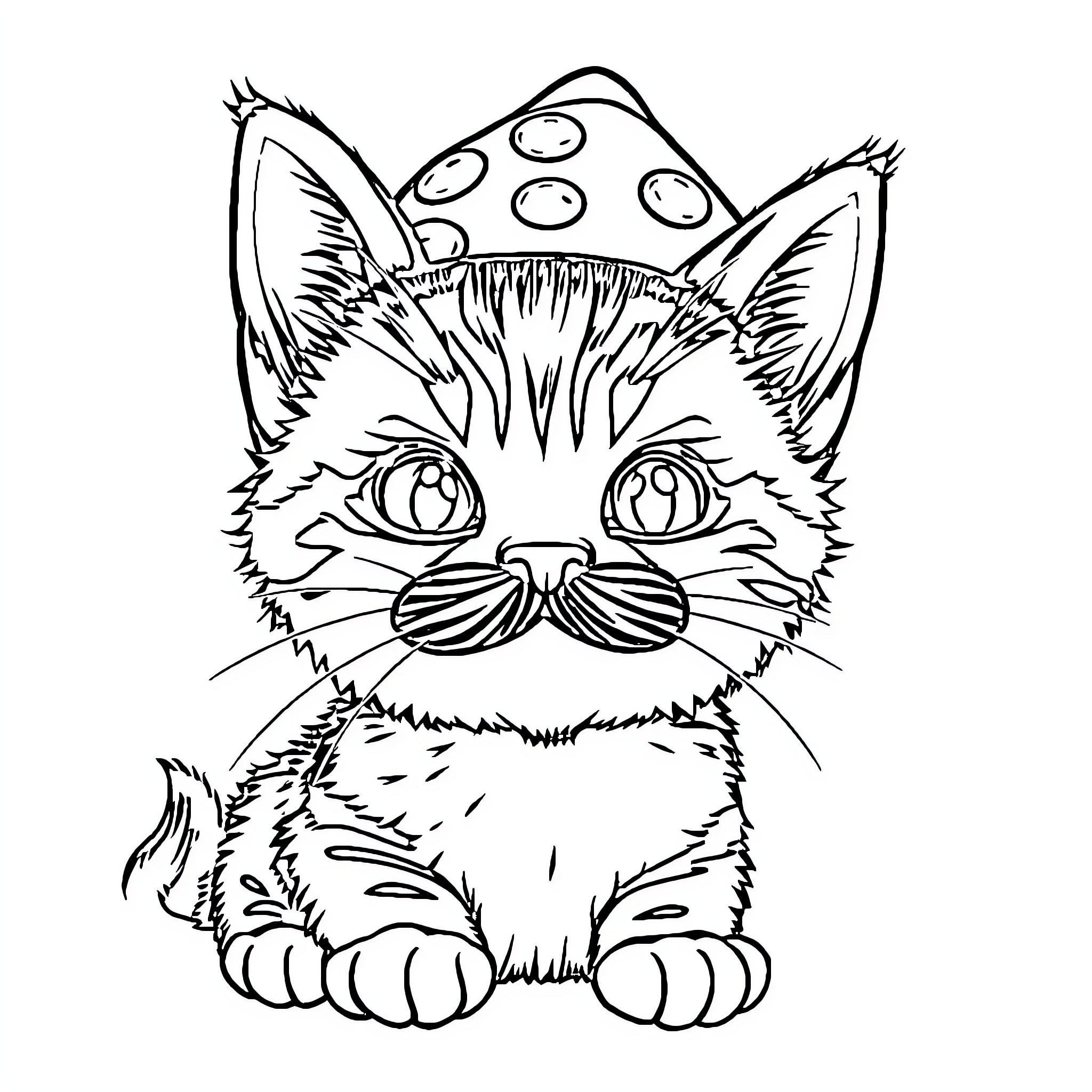 Kitten with Curious Expression and Spotted Pattern Coloring Page (free black-and-white line drawing printable PDF for all, from beginners to advanced learners, including children, teens, adults, and seniors)