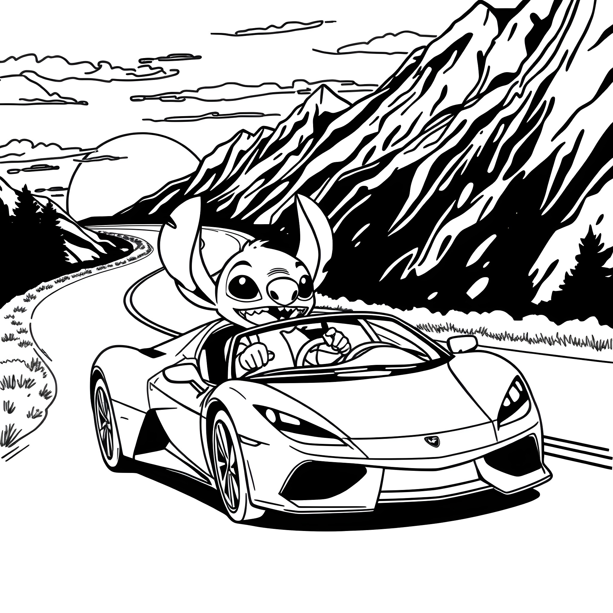 Stitch driving a sports car through the mountains Coloring Page (free black-and-white line drawing printable PDF for all, from beginners to advanced learners, including children, teens, adults, and seniors)