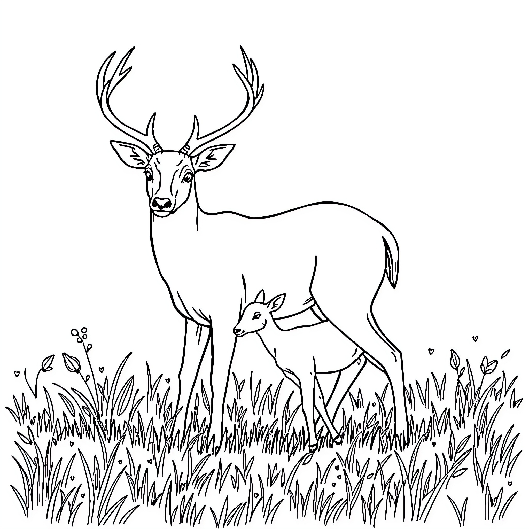 Deer and fawn in lush grass field Coloring Page (free black-and-white line drawing printable PDF for all, from beginners to advanced learners, including children, teens, adults, and seniors)