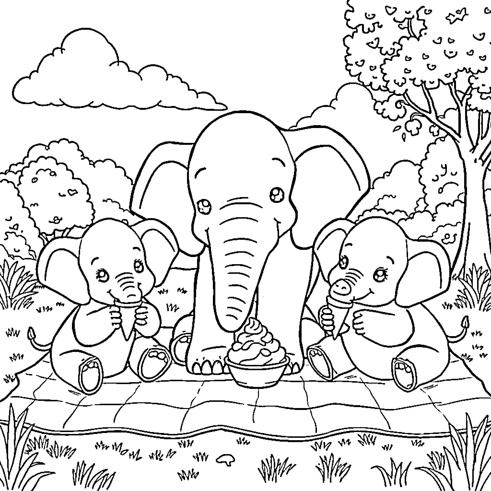 Elephant family enjoying a picnic in the park Coloring Page (free black-and-white line drawing printable PDF for all, from beginners to advanced learners, including children, teens, adults, and seniors)