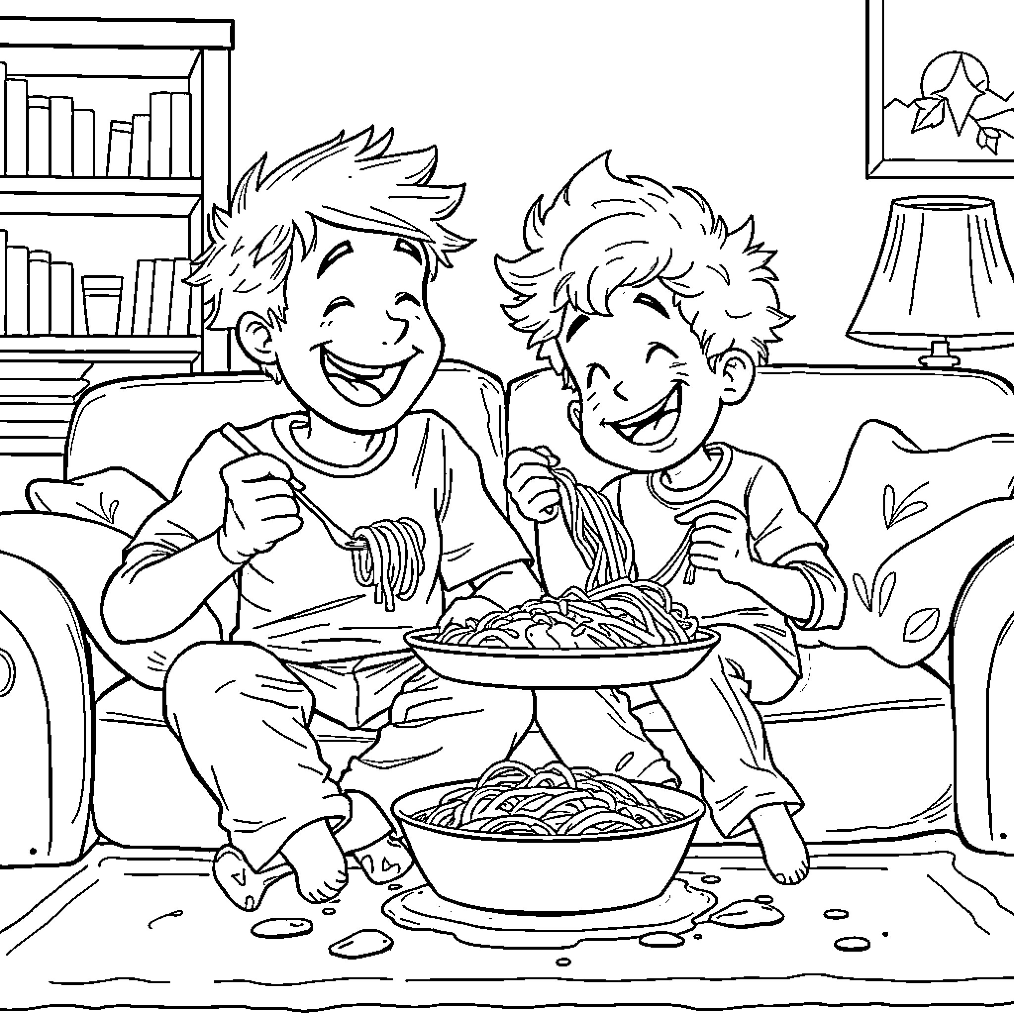 Isaac Hanson Brothers Enjoy Spaghetti Meal Together Coloring Page (free black-and-white line drawing printable PDF for all, from beginners to advanced learners, including children, teens, adults, and seniors)