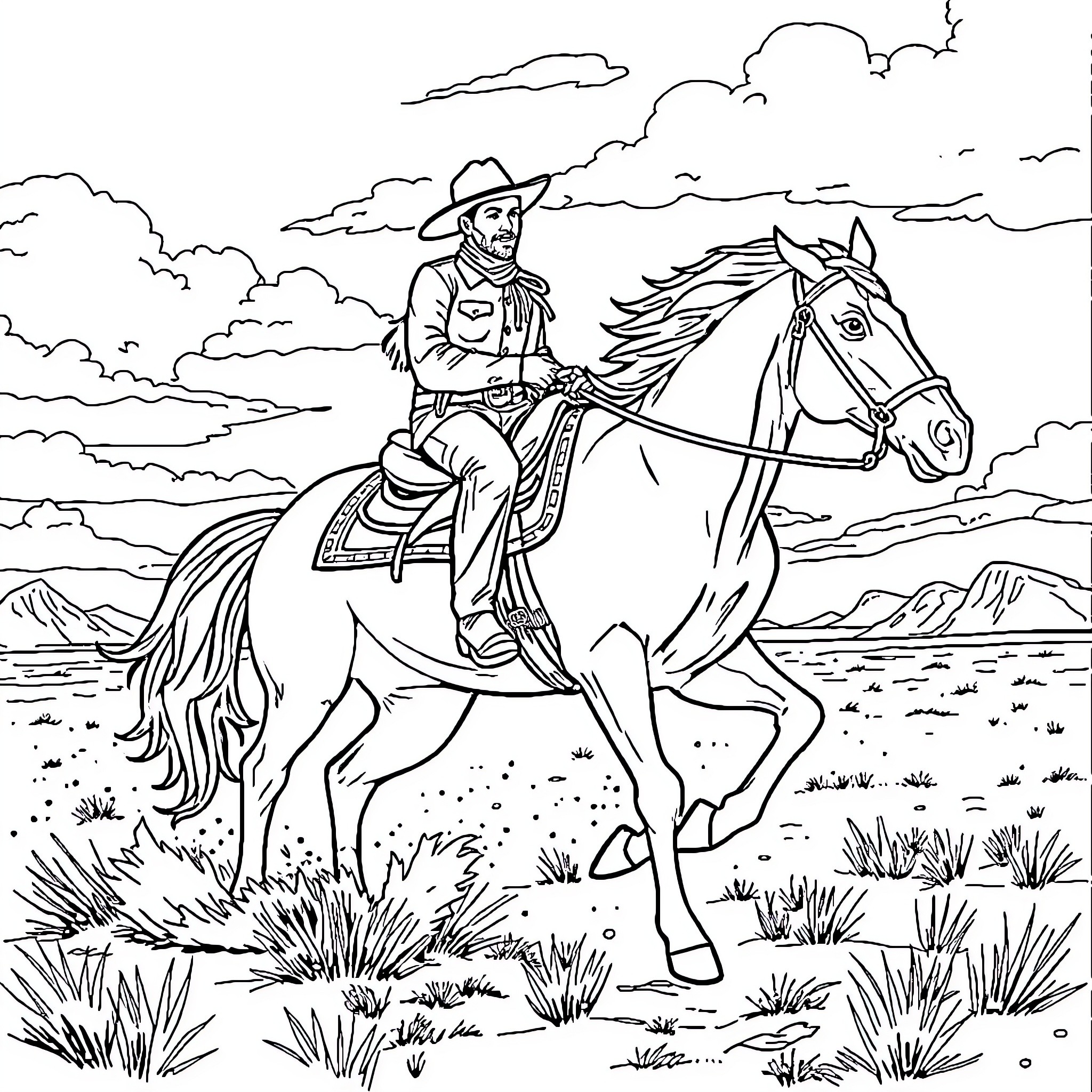 Cowboy Riding Majestic Horse on the Dusty Trail Coloring Page (free black-and-white line drawing printable PDF for all, from beginners to advanced learners, including children, teens, adults, and seniors)
