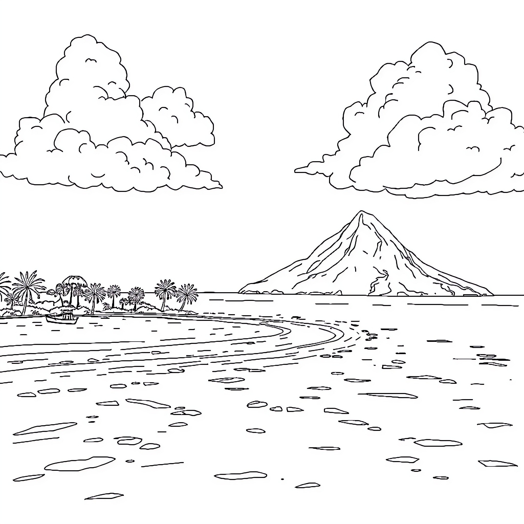 Tobago scenic landscape with mountain and palm trees Coloring Page (free black-and-white line drawing printable PDF for all, from beginners to advanced learners, including children, teens, adults, and seniors)