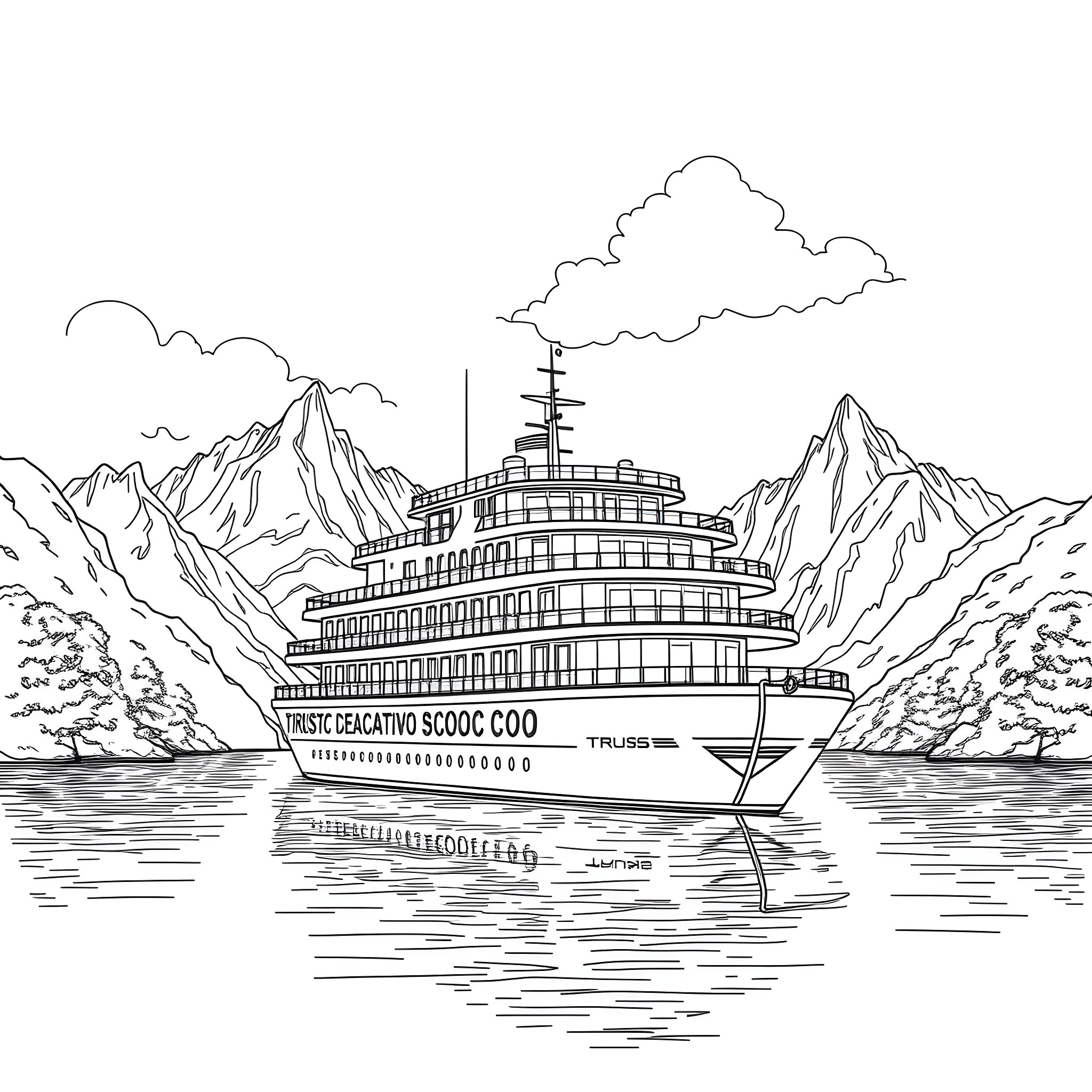 Ship sailing on the lake surrounded by mountains Coloring Page (free black-and-white line drawing printable PDF for all, from beginners to advanced learners, including children, teens, adults, and seniors)