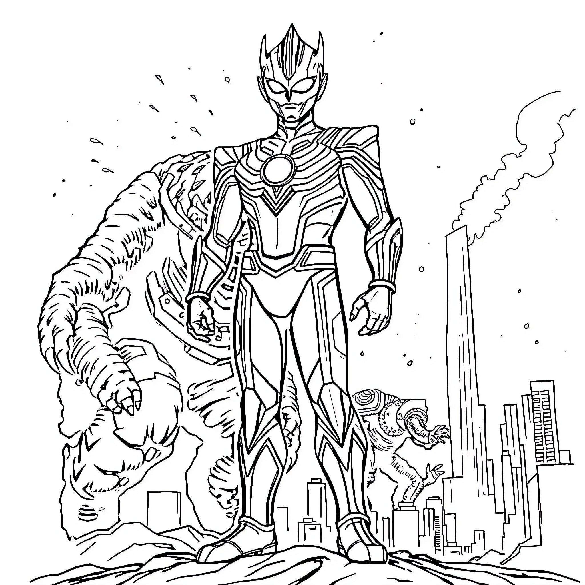 Ultraman battles giant monsters in the city Coloring Page (free black-and-white line drawing printable PDF for all, from beginners to advanced learners, including children, teens, adults, and seniors)