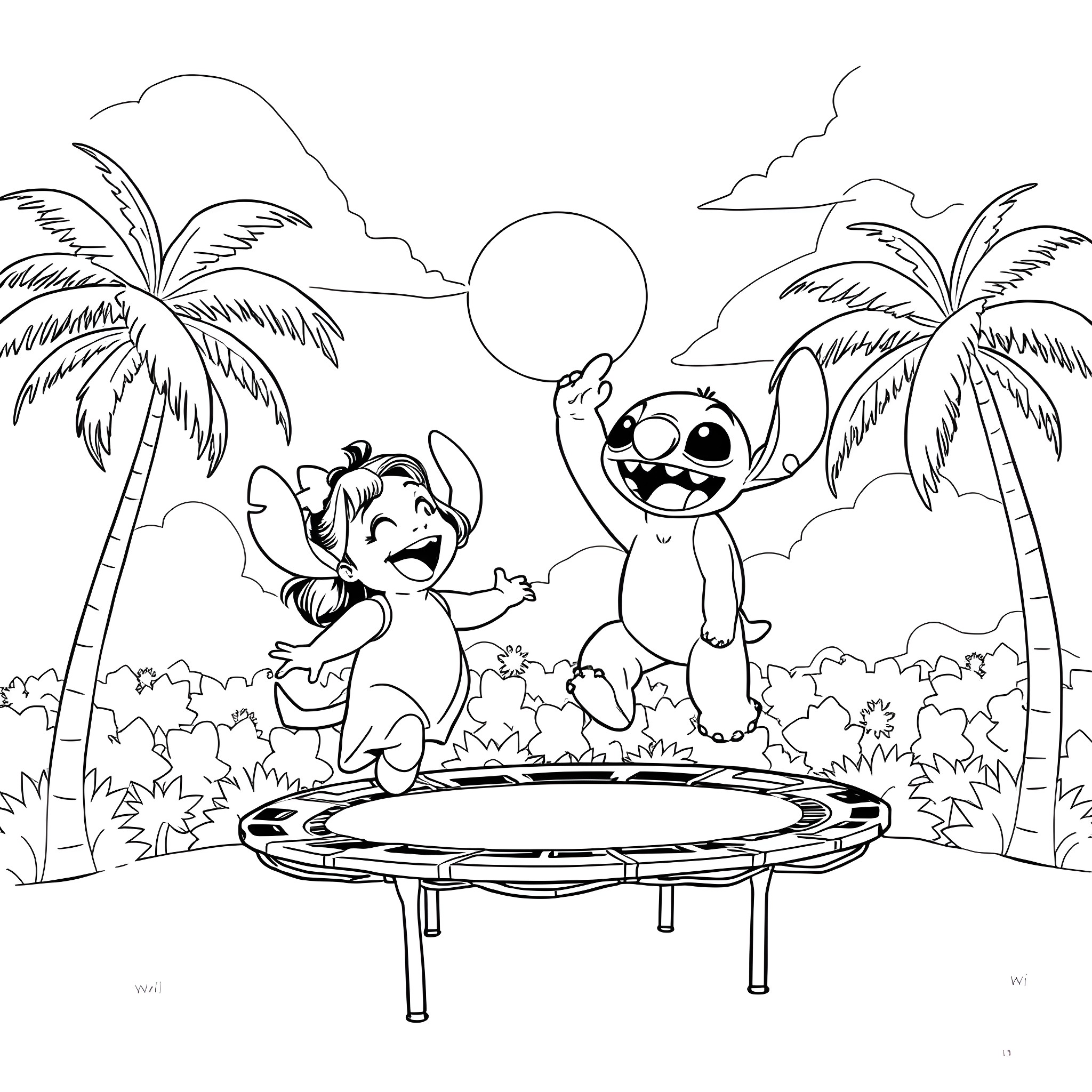 Lilo and Stitch playing on a trampoline under the palm trees Coloring Page (free black-and-white line drawing printable PDF for all, from beginners to advanced learners, including children, teens, adults, and seniors)