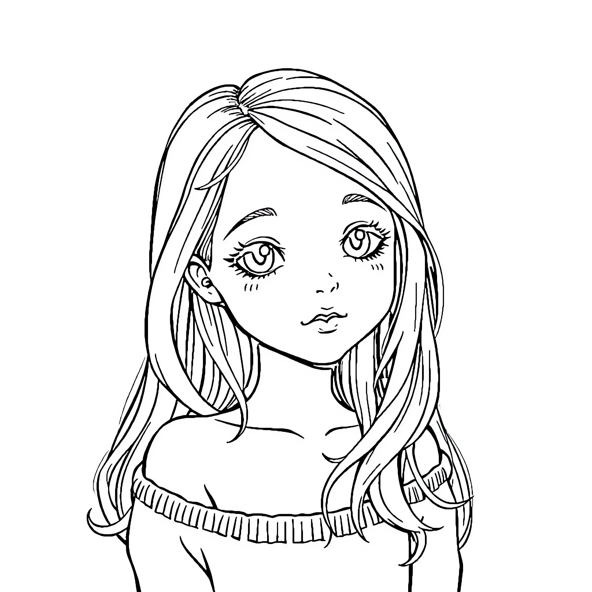 Girl with long hair expressing emotions Coloring Page (free black-and-white line drawing printable PDF for all, from beginners to advanced learners, including children, teens, adults, and seniors)