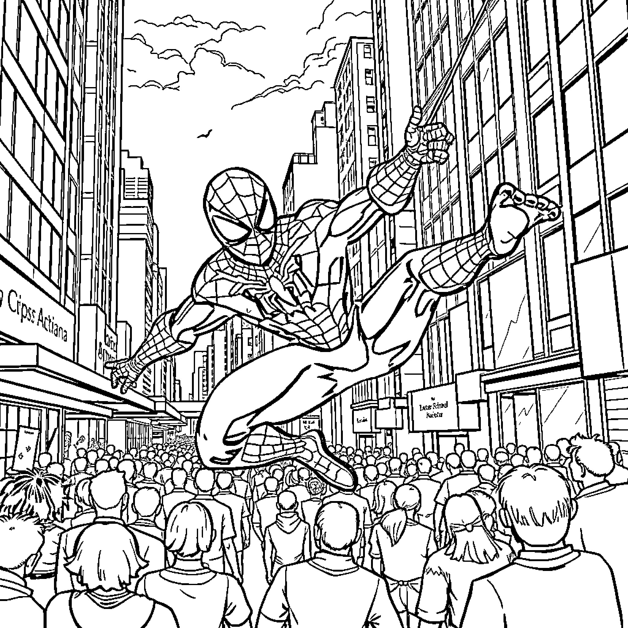 Spider-Man swinging through the city with onlookers Coloring Page (free black-and-white line drawing printable PDF for all, from beginners to advanced learners, including children, teens, adults, and seniors)