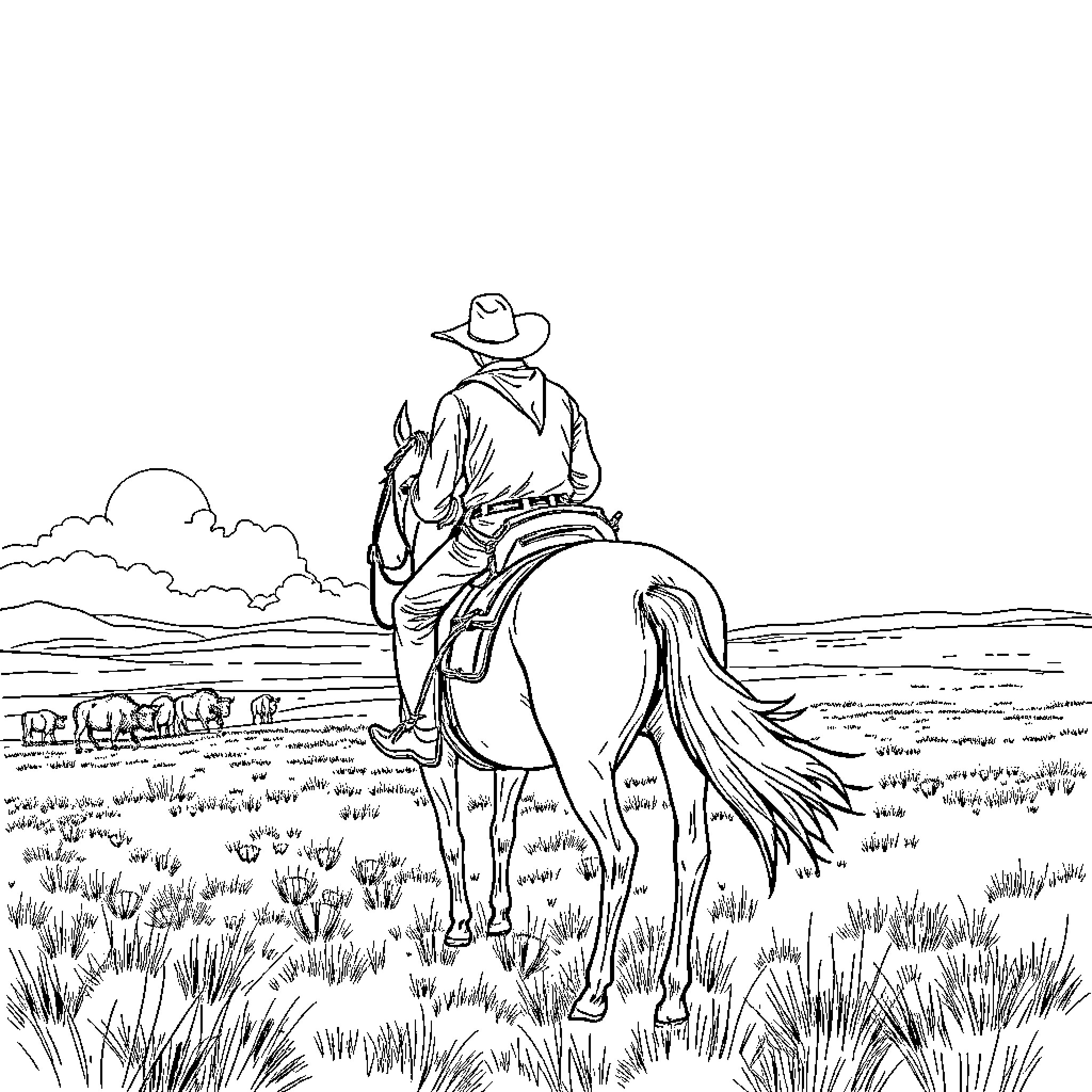 Cowboy riding horse across the prairie Coloring Page (free black-and-white line drawing printable PDF for all, from beginners to advanced learners, including children, teens, adults, and seniors)