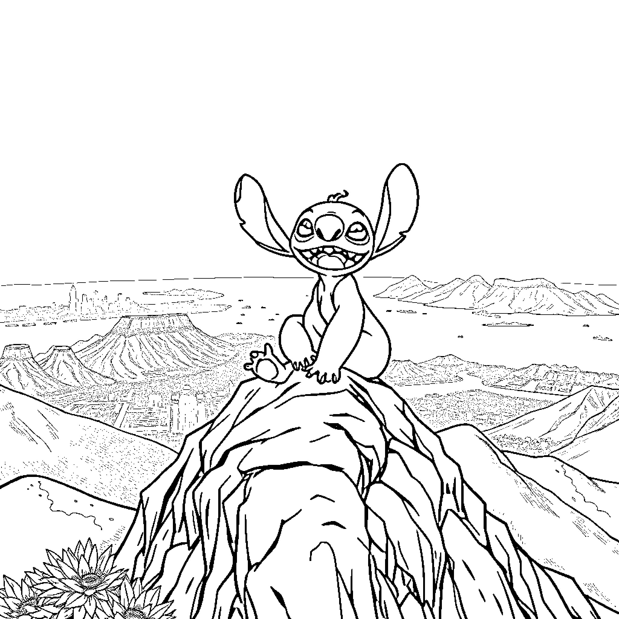 Lilo And Stitch exploring the desert landscape Coloring Page (free black-and-white line drawing printable PDF for all, from beginners to advanced learners, including children, teens, adults, and seniors)