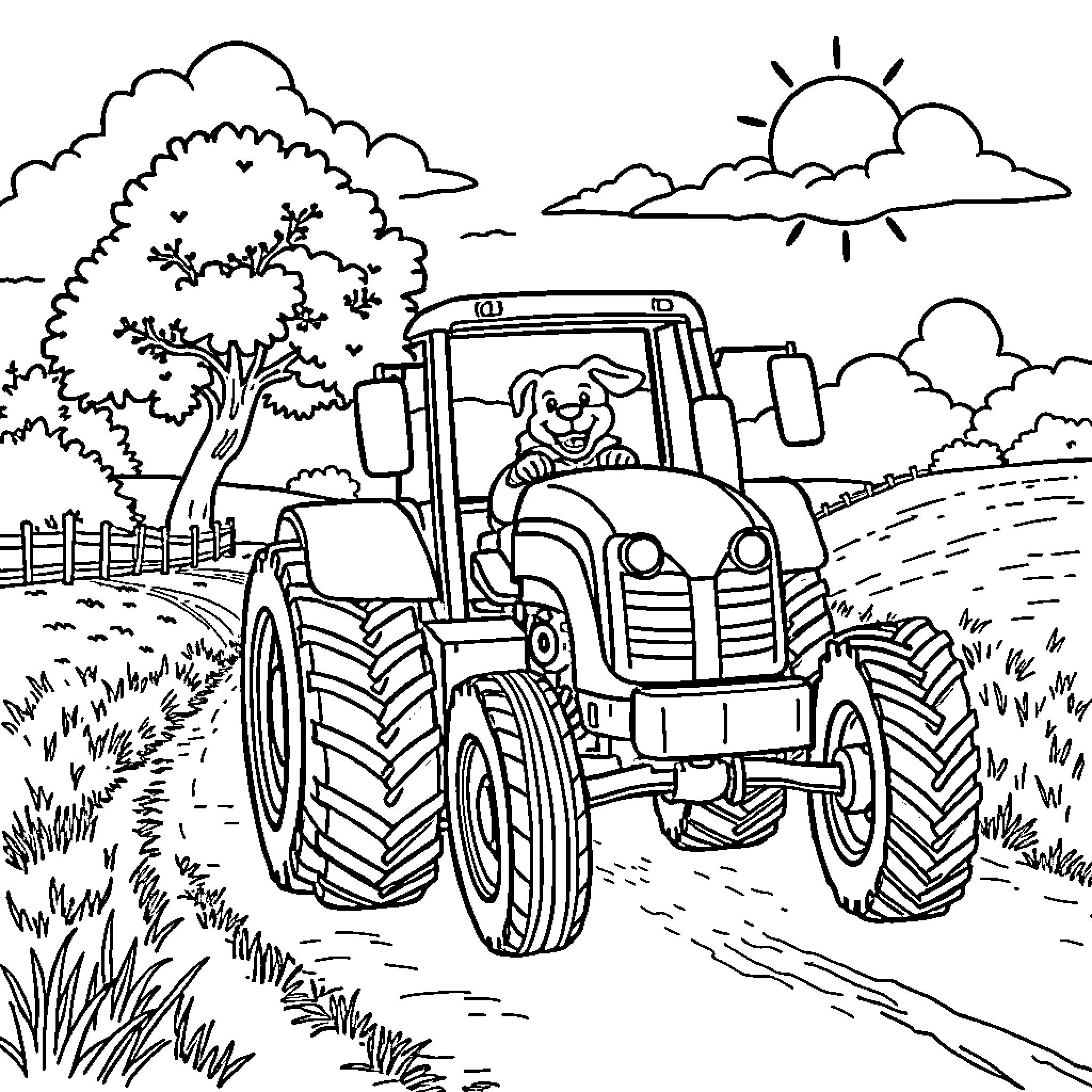 Dog driving a tractor in the countryside Coloring Page (free black-and-white line drawing printable PDF for all, from beginners to advanced learners, including children, teens, adults, and seniors)