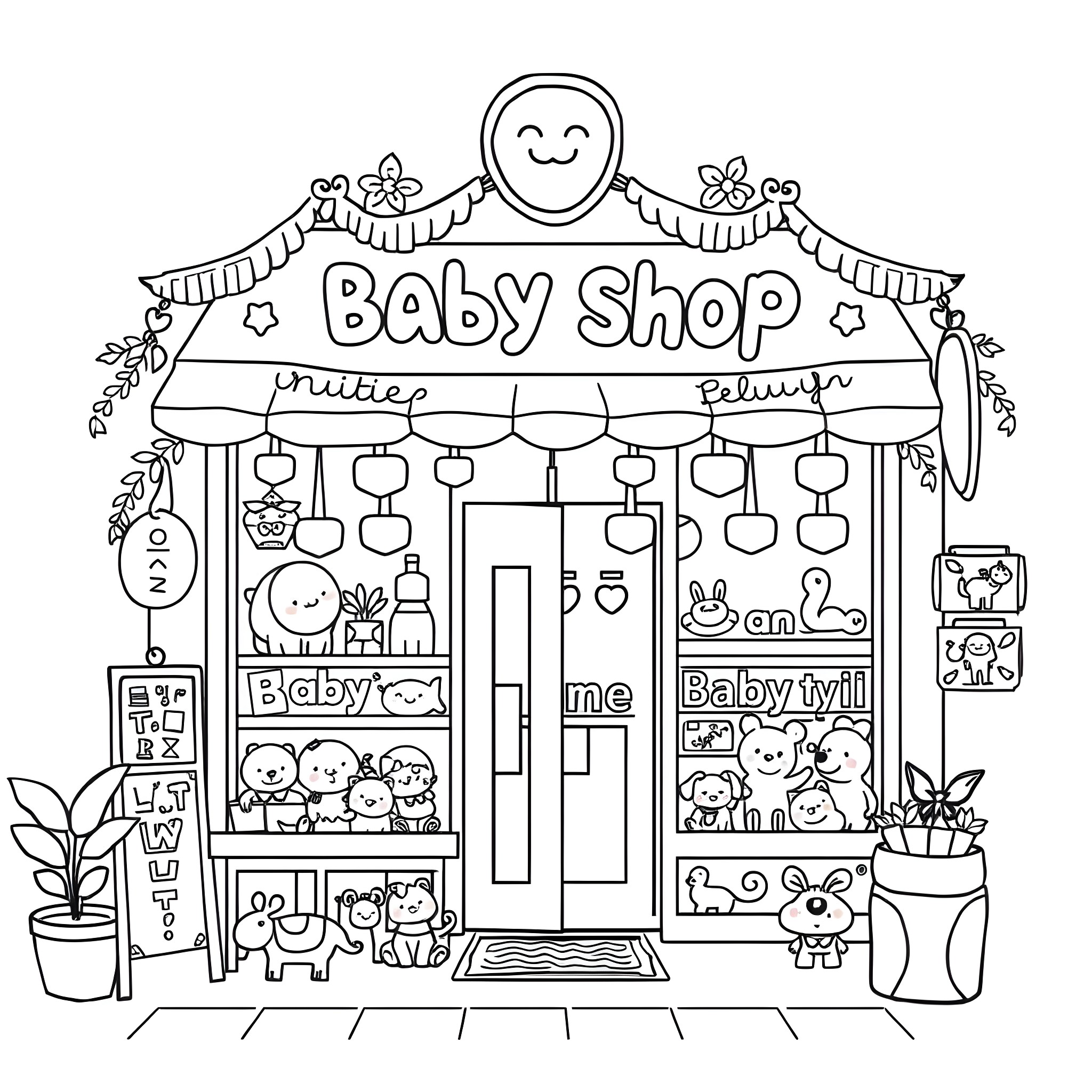 Cheerful Baby Shop with Playful Decor Coloring Page (free black-and-white line drawing printable PDF for all, from beginners to advanced learners, including children, teens, adults, and seniors)